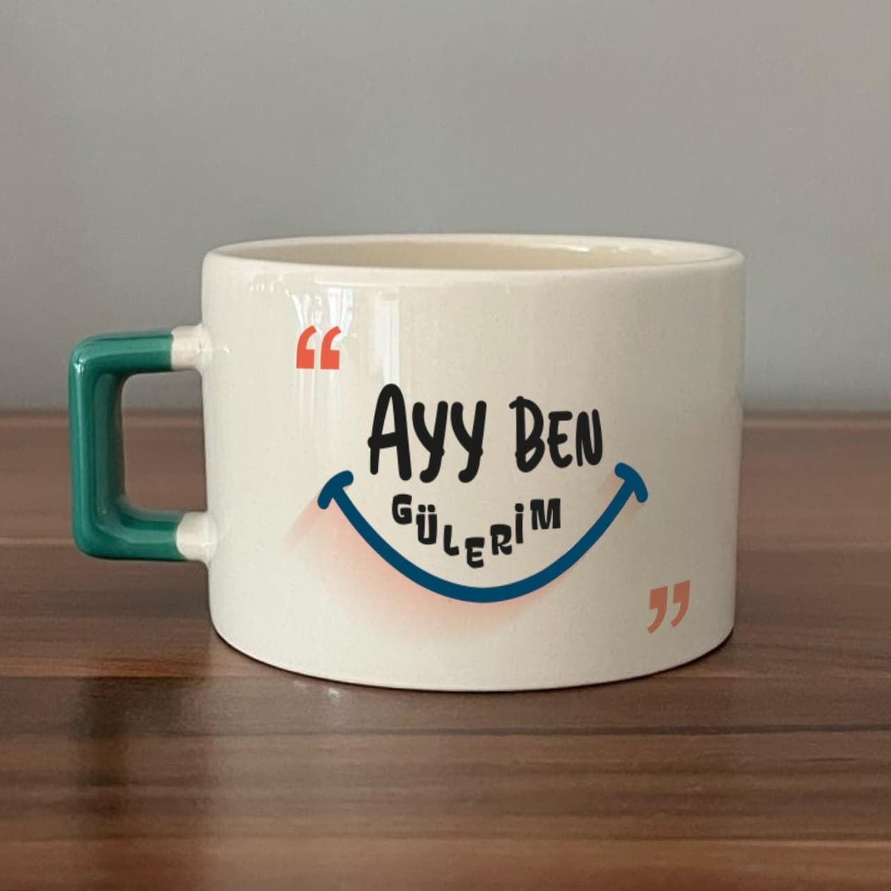 Ayy Benim Gülerim Baskılı Yeşil Kulplu Kare Espresso Fincanı