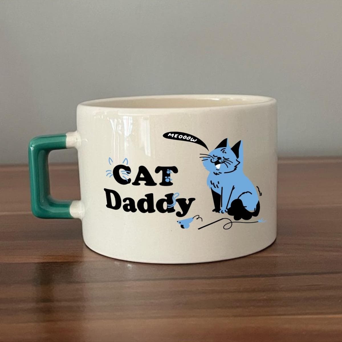Cat Daddy Baskılı Yeşil Kulplu Kare Espresso Fincanı