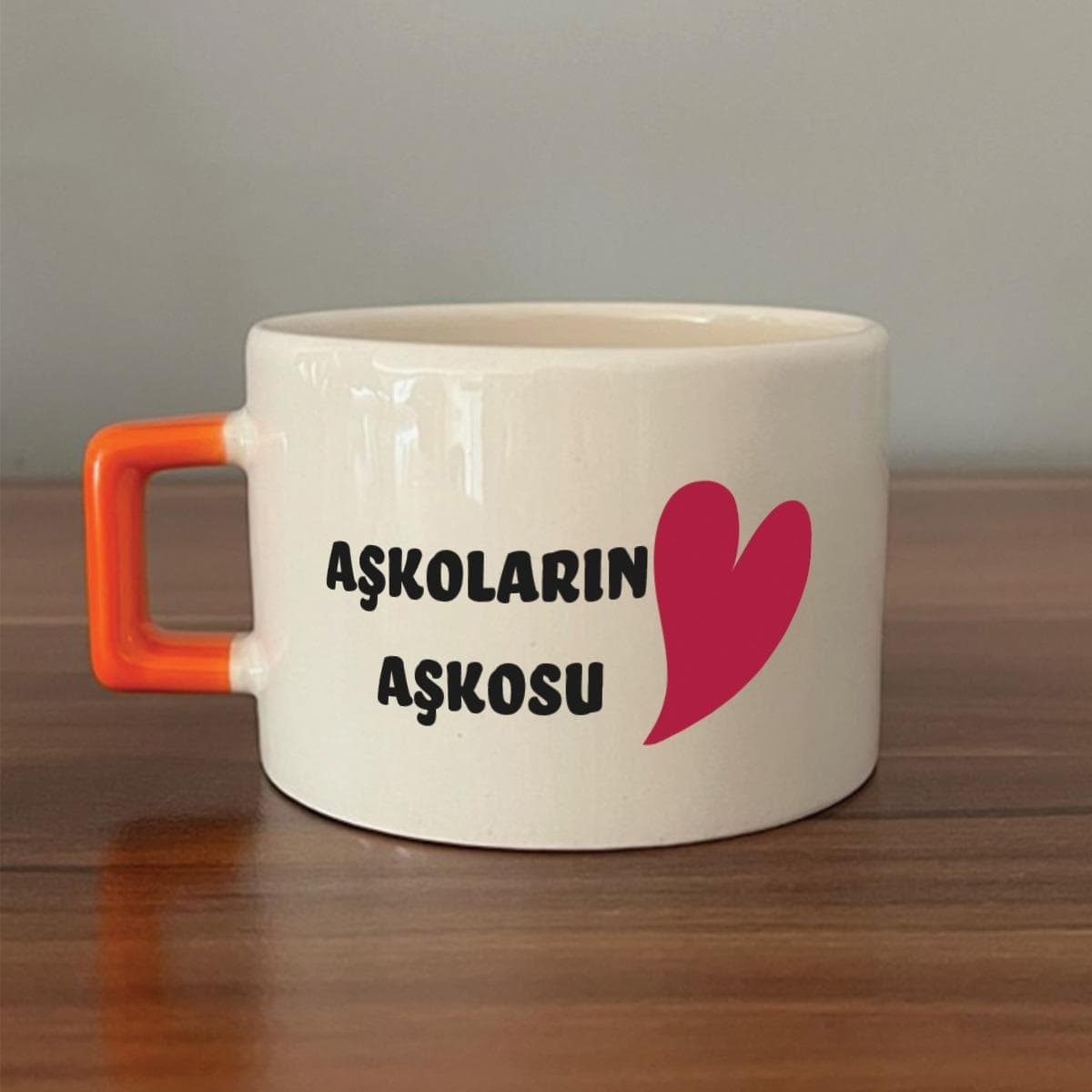 Aşkoların Aşkosu Baskılı Turuncu Kulplu Kare Espresso Sevgililer Günü Fincanı
