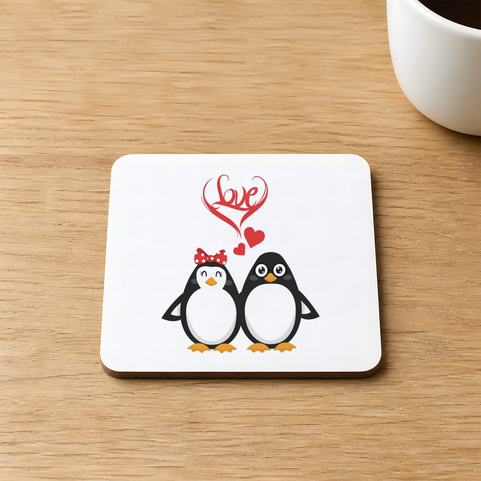 Love Penguenler Baskılı Kare MDF Bardak Altlığı