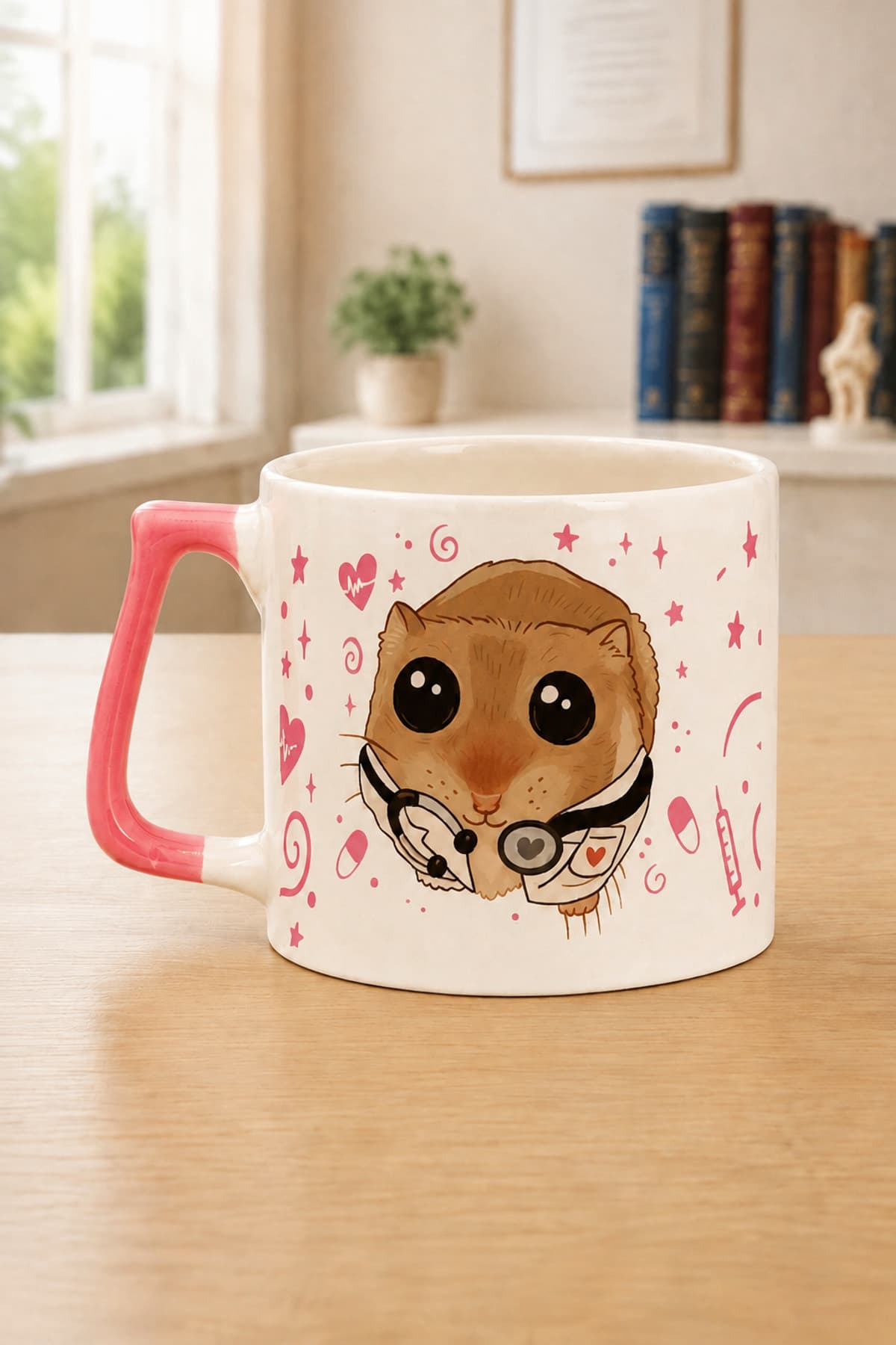 Sad Üzgün Hamster - Doktor (Doctor) Pembe Kulplu Prime Meslek Hediyesi Bardak Kupa Fincan MUG