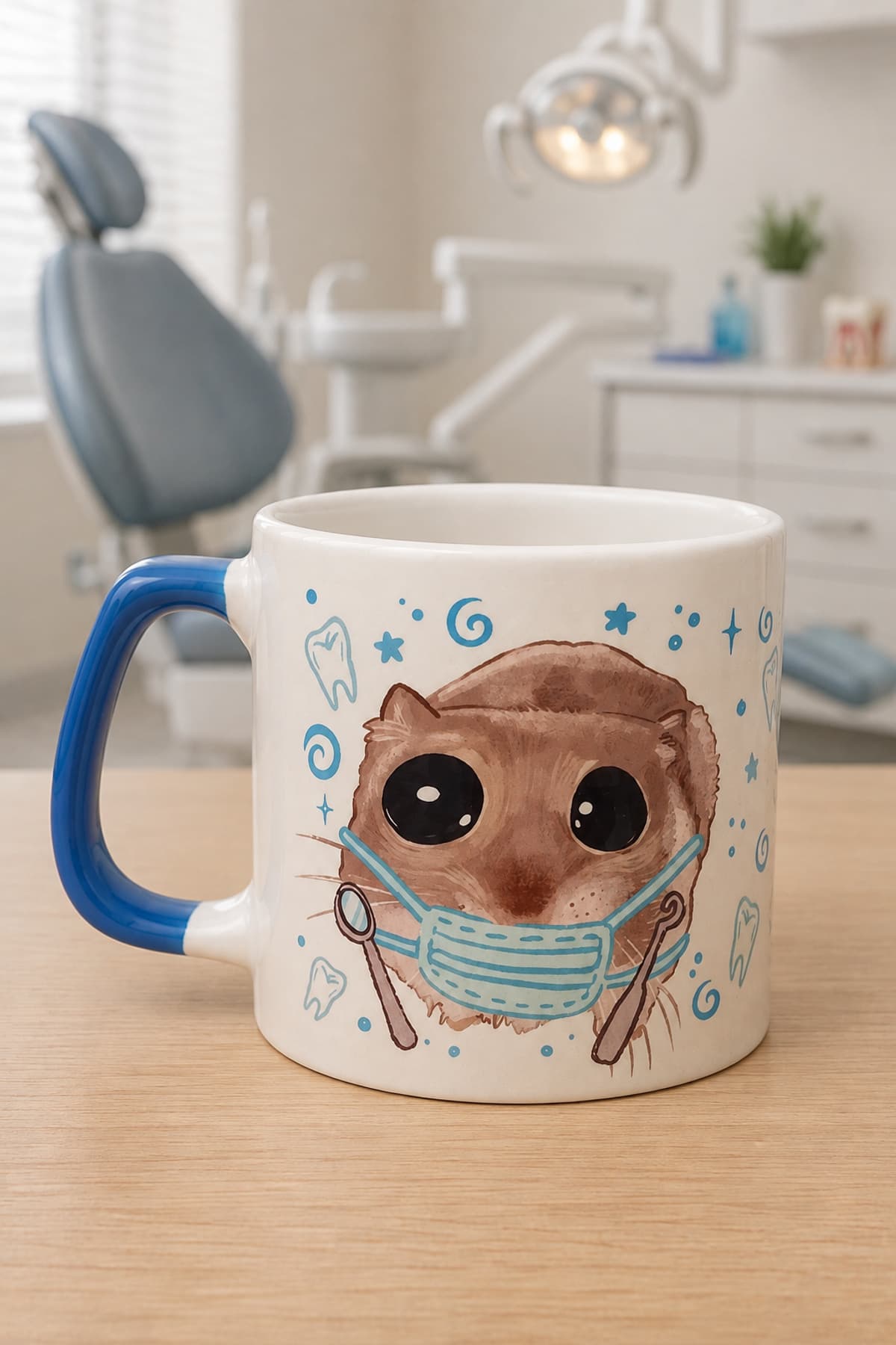 Sad Üzgün Hamster Meslek Dişçi Diş Doktoru Mavi Kulplu Prime Ofis Hediyesi Kupa