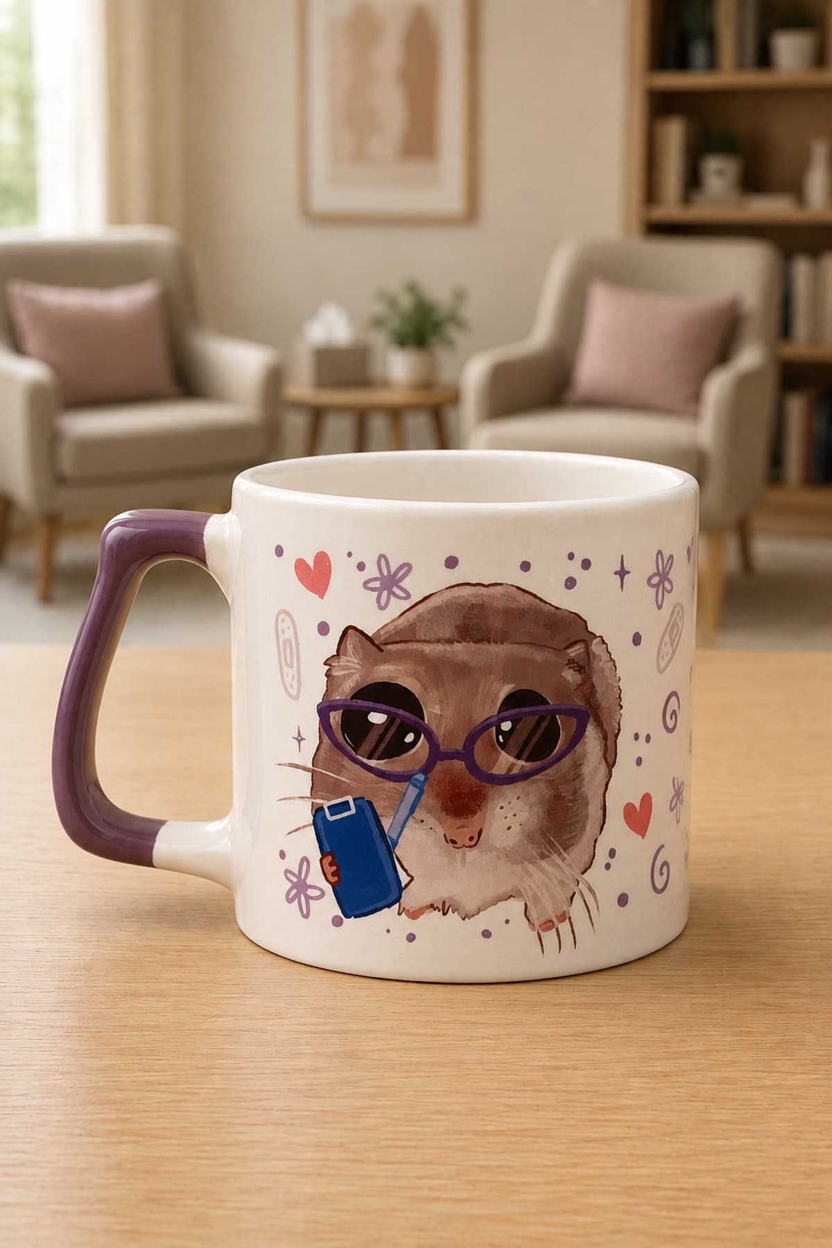 Sad Üzgün Hamster - Meslek: Psikolog Mor Kulplu Prime Ofis Hediyesi Kupa