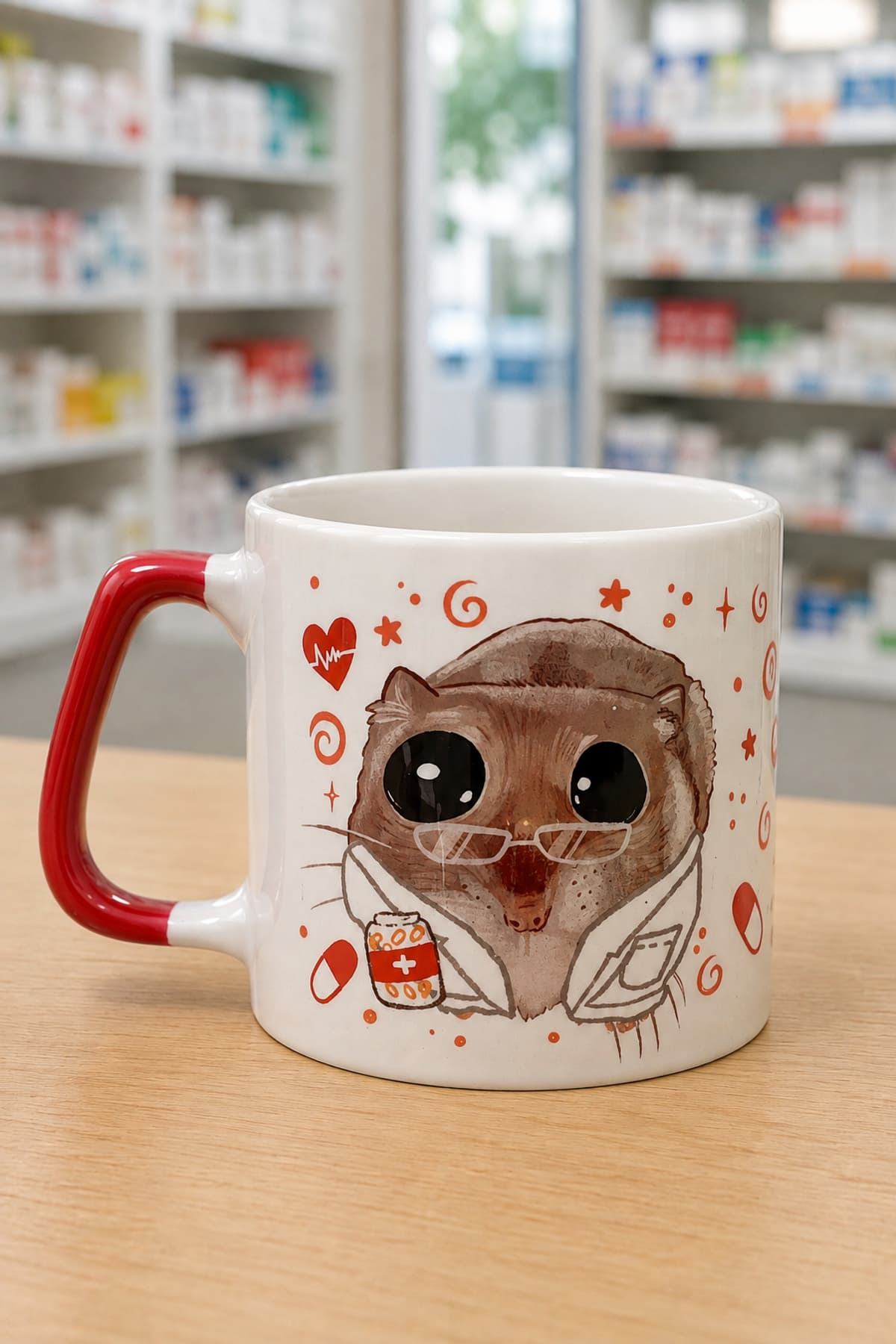 Sad Üzgün Hamster Meslek: Eczacı Kırmızı Kulplu Prime Ofis Hediyesi Kupa
