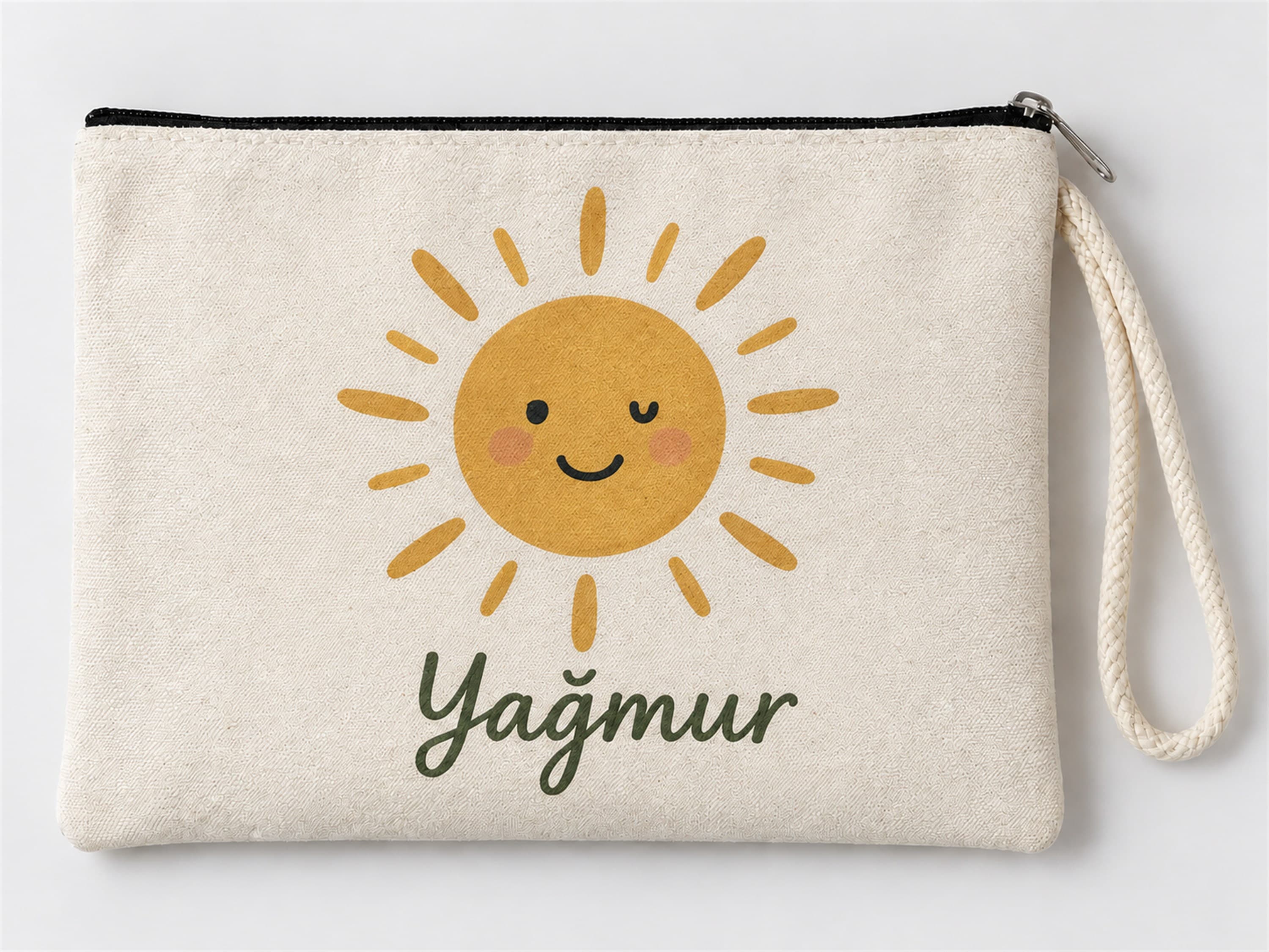 Kişiye Özel Gülümseyen Güneş Baskılı Fermuarlı Clutch Makyaj Çantası Bozuk Para Cüzdanı