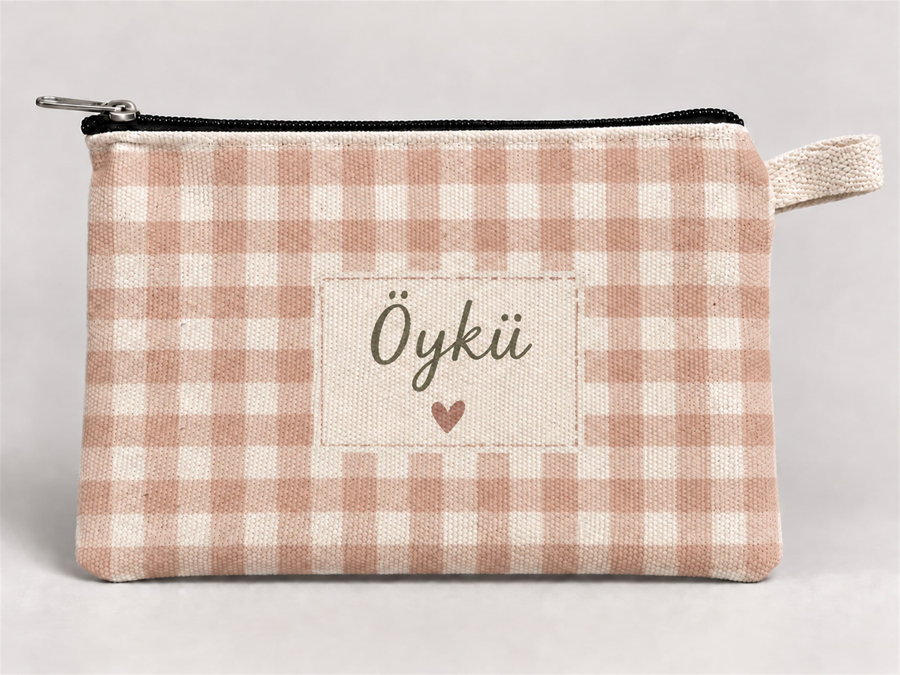 Kişiye Özel Pembe Ekose Etiket Baskılı Fermuarlı Kalemlik 20x10 cm