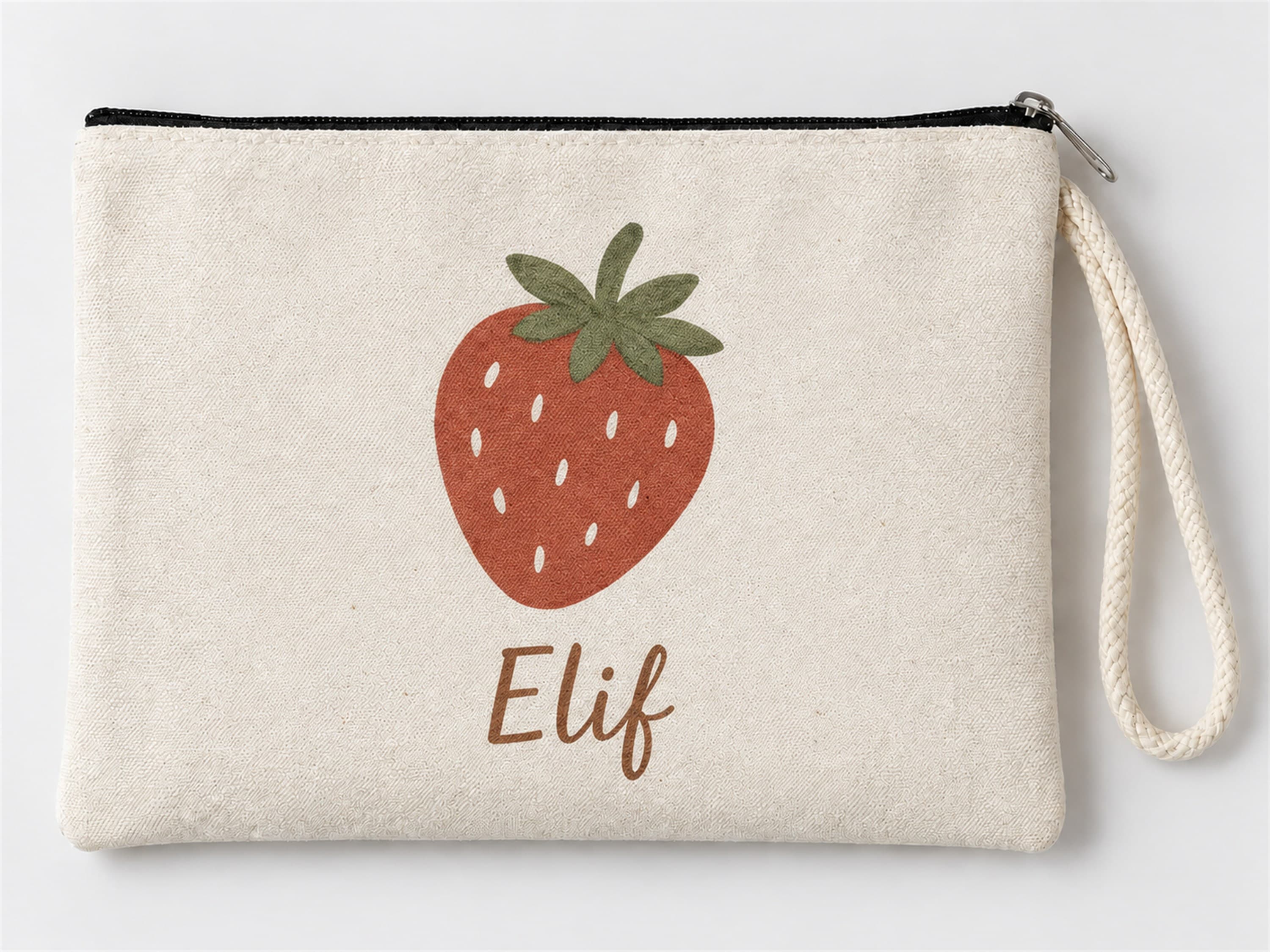 Kişiye Özel Çilek Deseni Baskılı Fermuarlı Clutch Makyaj Çantası Bozuk Para Cüzdanı