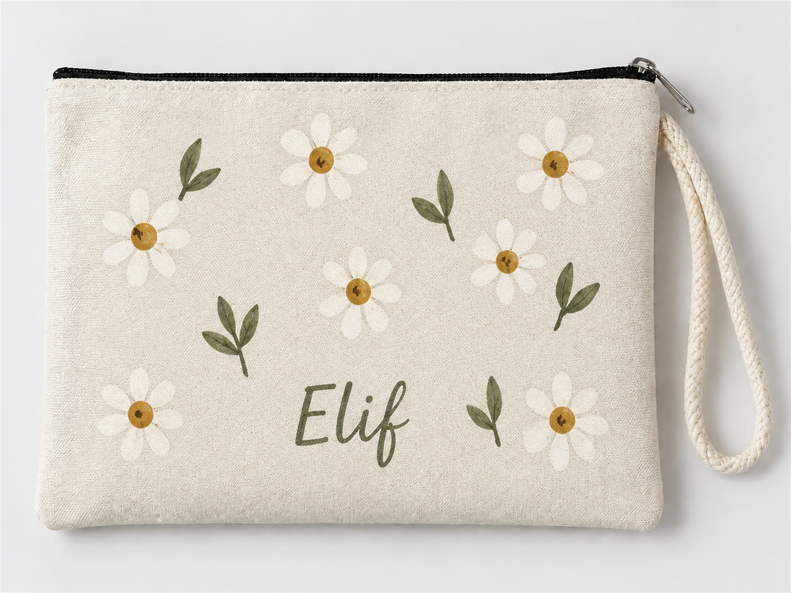 Kişiye Özel Papatya Deseni Baskılı Fermuarlı Clutch Makyaj Çantası Bozuk Para Cüzdanı