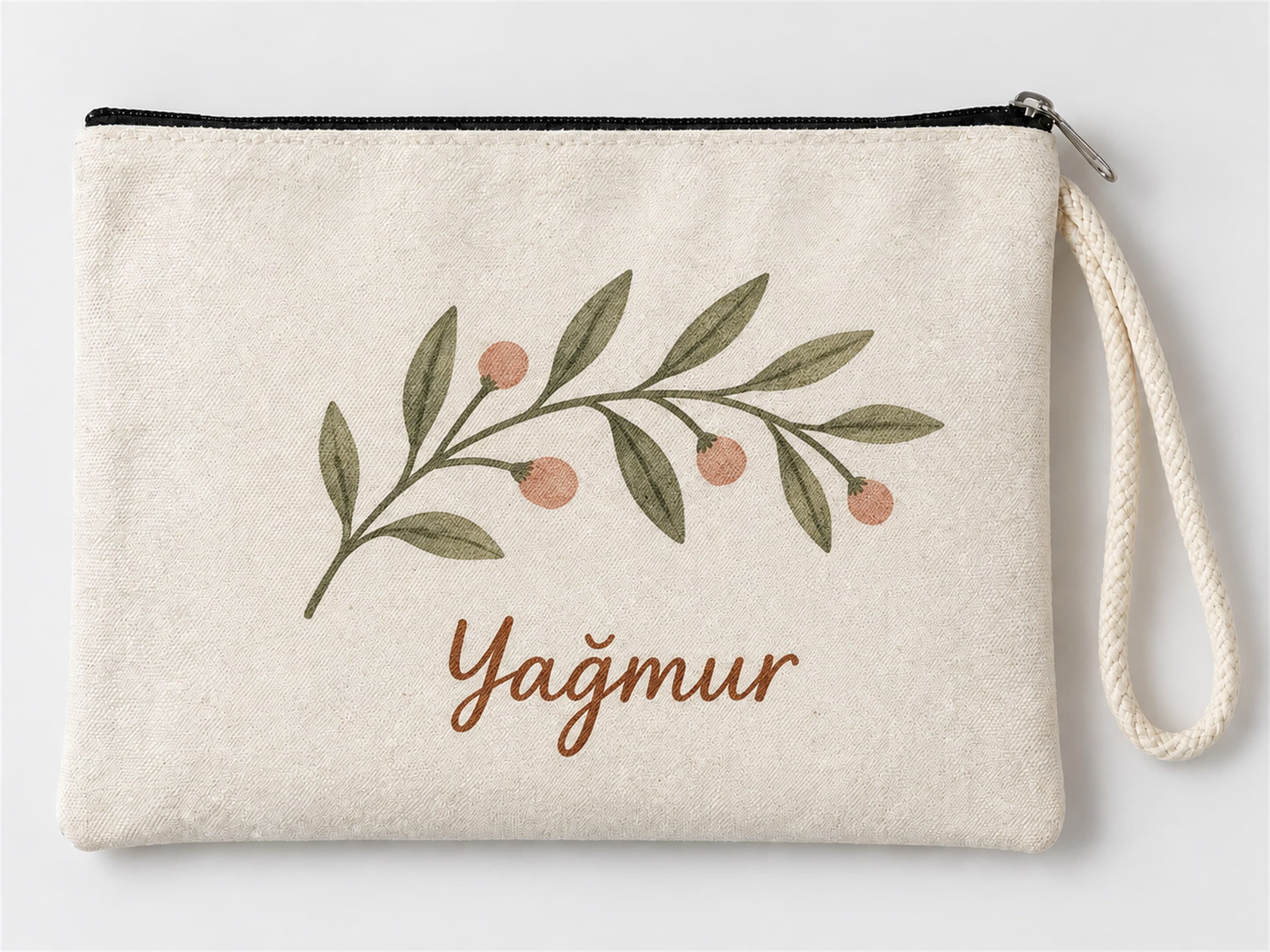 Kişiye Özel Zeytin Dalı Baskılı Fermuarlı Clutch Makyaj Çantası Bozuk Para Cüzdanı