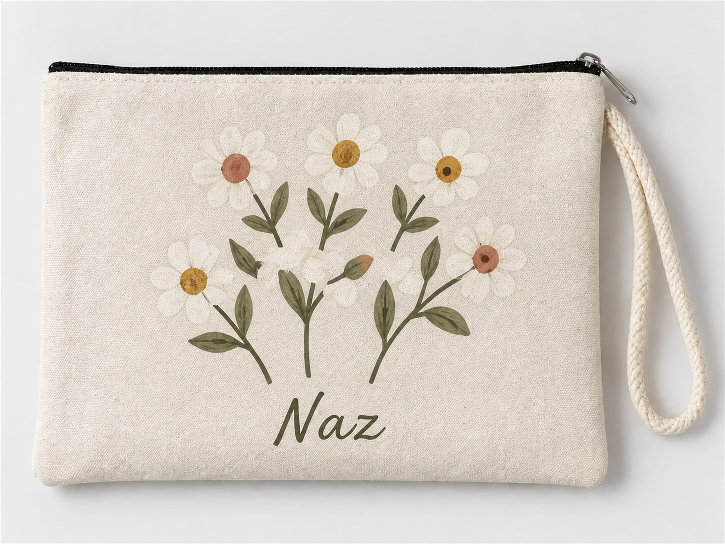 Kişiye Özel Papatya Buketi Baskılı Fermuarlı Clutch Makyaj Çantası Bozuk Para Cüzdanı