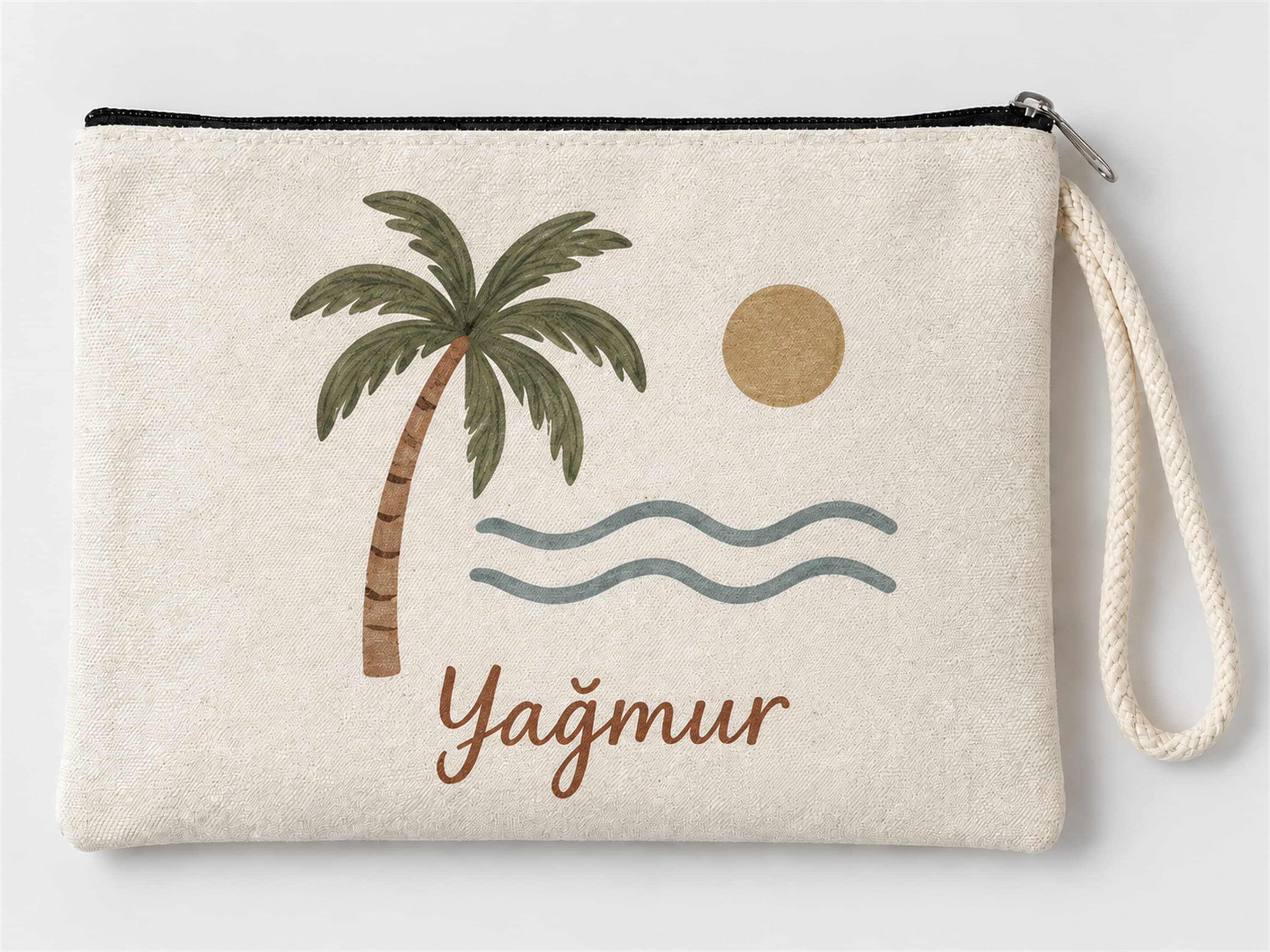 Kişiye Özel Palmiye ve Deniz Baskılı Fermuarlı Clutch Makyaj Çantası Bozuk Para Cüzdanı
