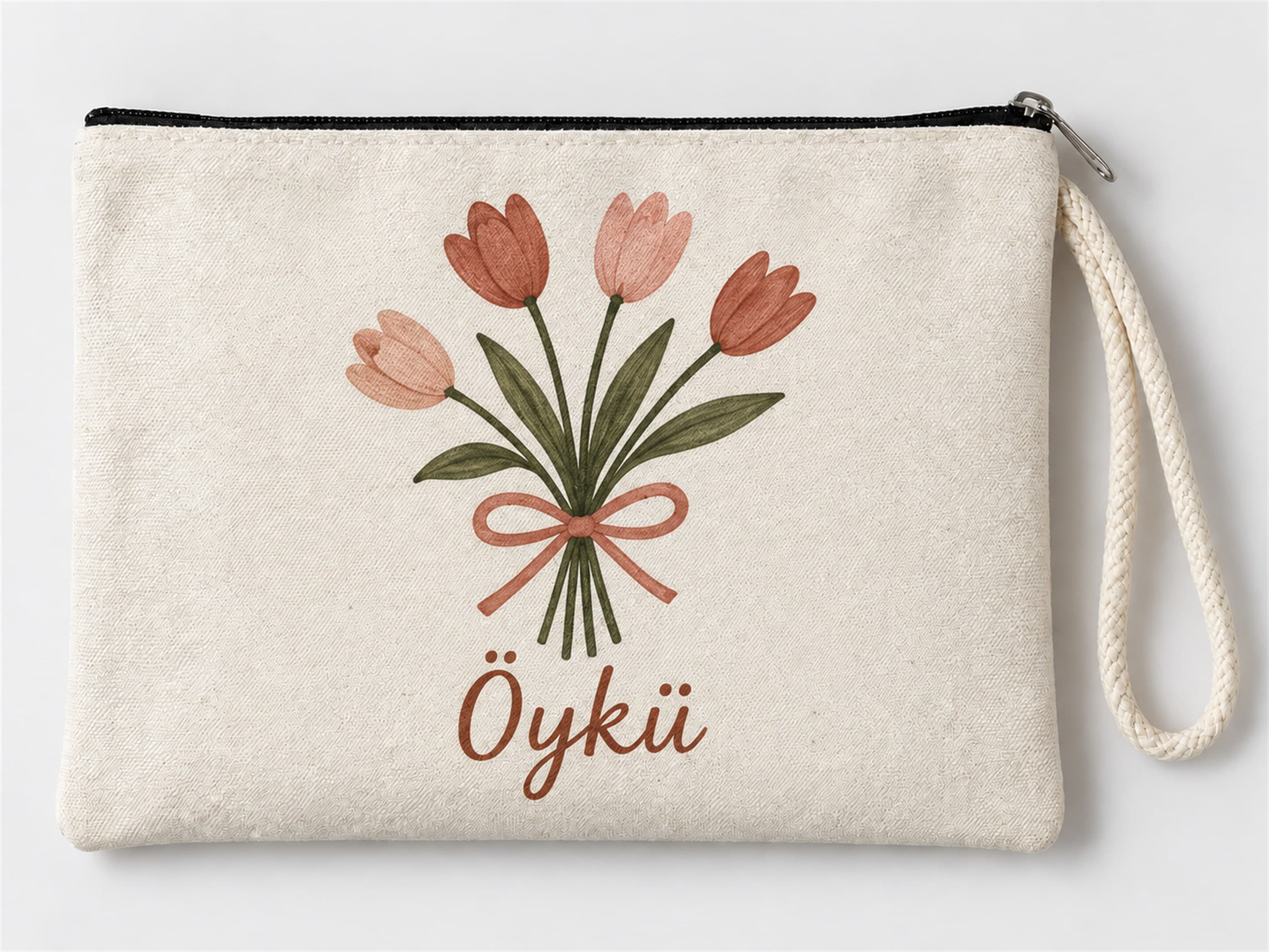 Kişiye Özel Lale Buketi Baskılı Fermuarlı Clutch Makyaj Çantası Bozuk Para Cüzdanı