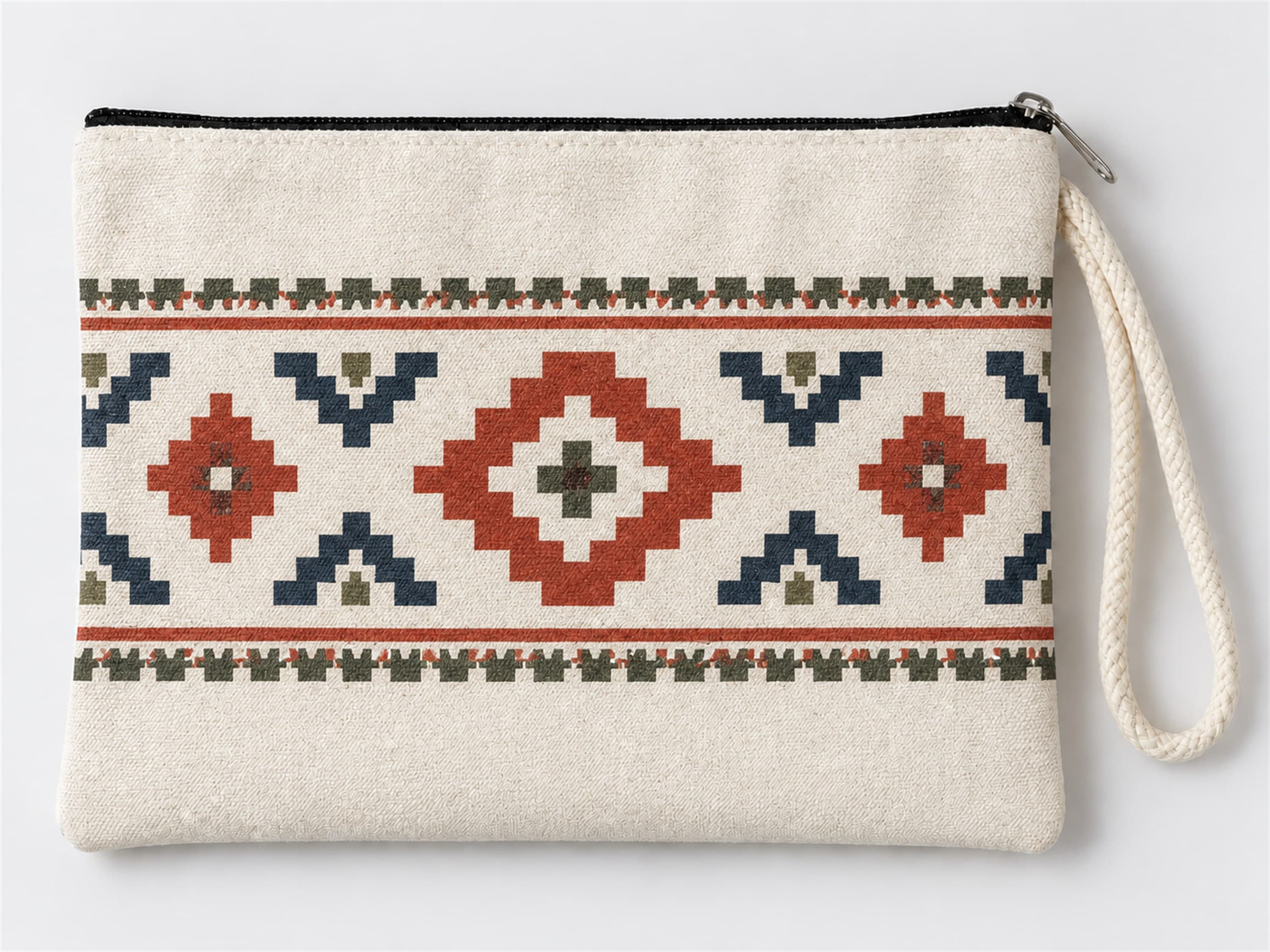 Anadolu Kilim Motifi Baskılı Fermuarlı Clutch Makyaj Çantası Bozuk Para Cüzdanı