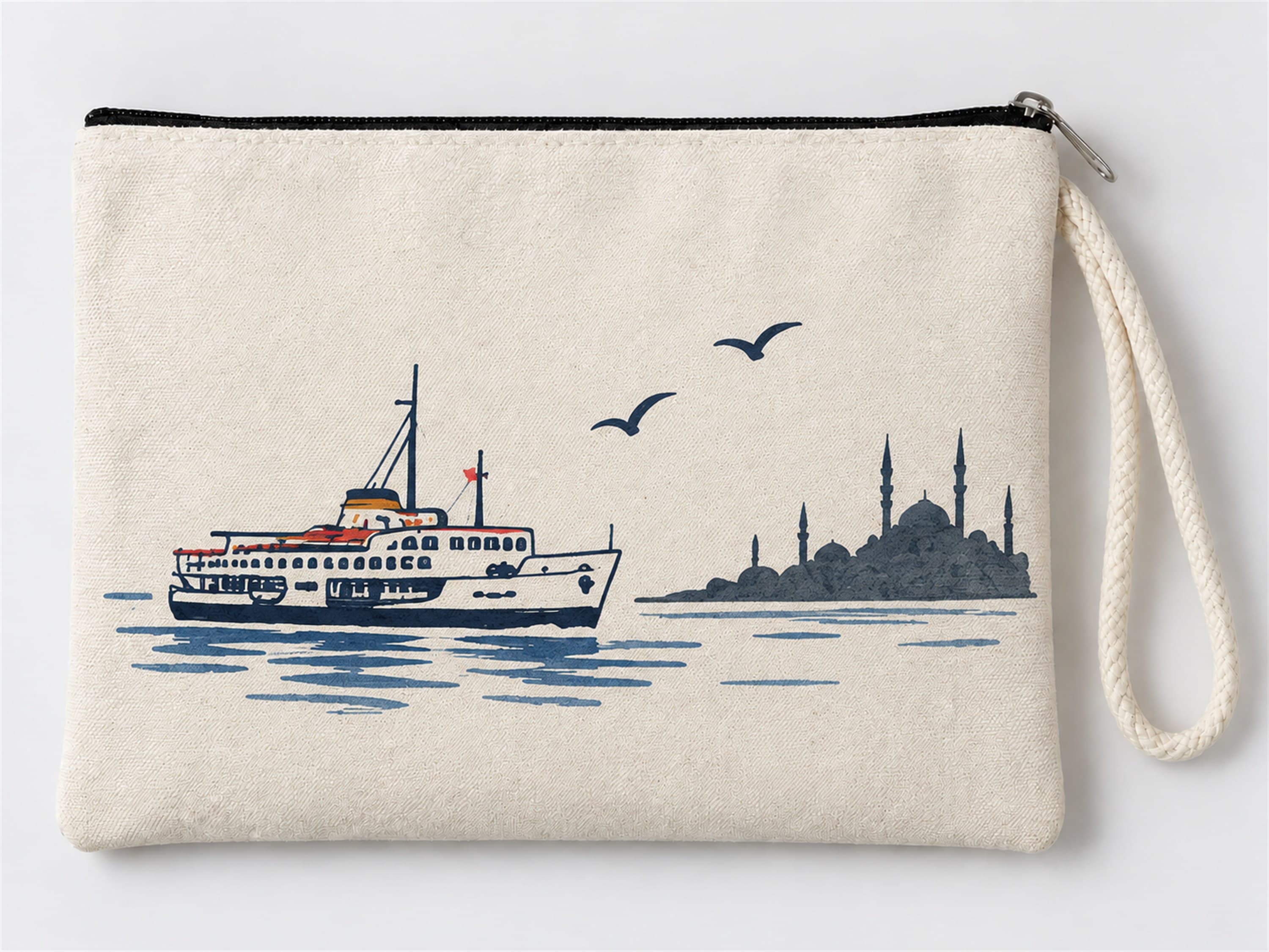 İstanbul Vapuru Baskılı Fermuarlı Clutch Makyaj Çantası Bozuk Para Cüzdanı