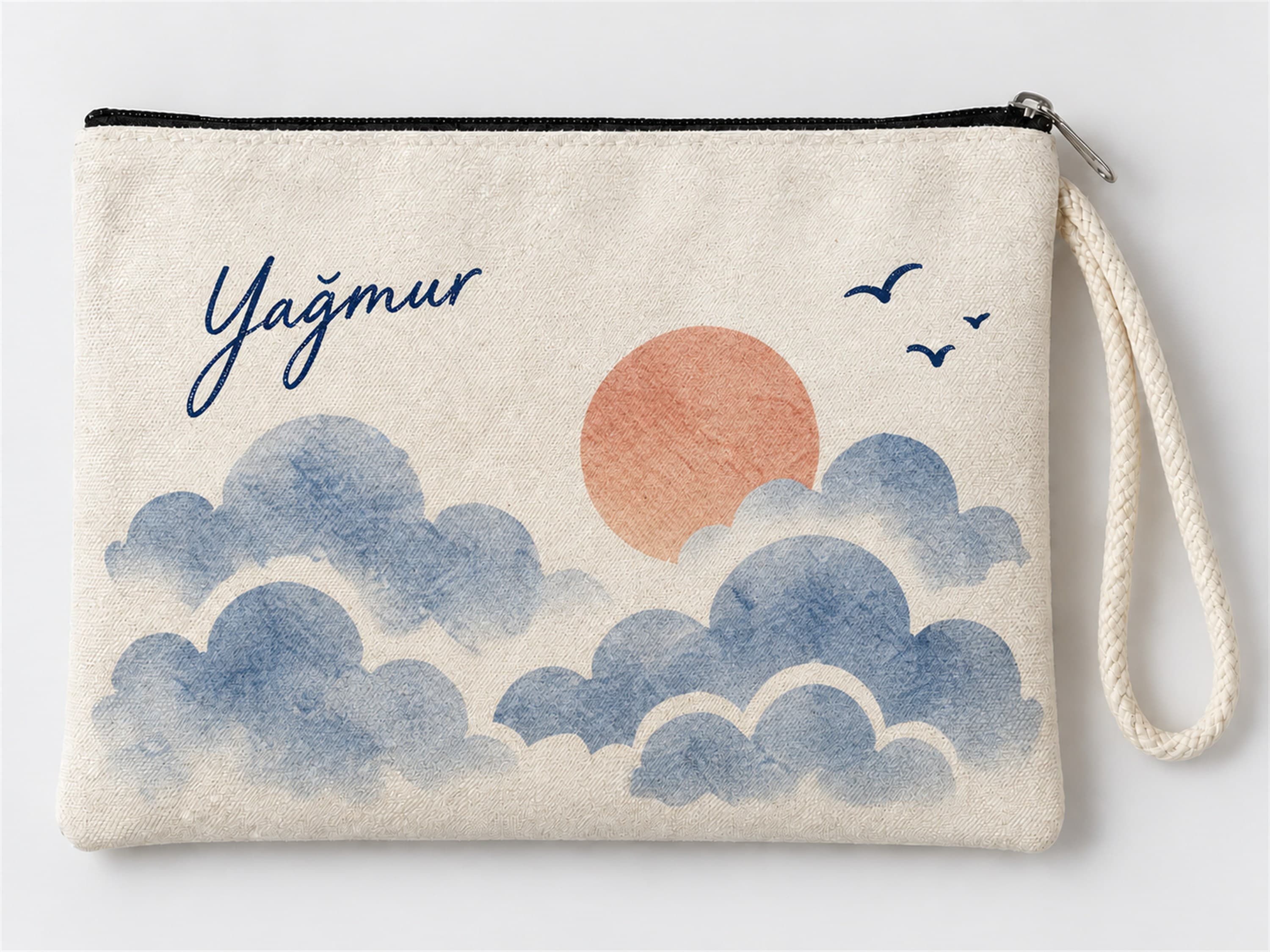 Kişiye Özel Bulutlu Gün Batımı Baskılı Fermuarlı Clutch Makyaj Çantası Bozuk Para Cüzdanı