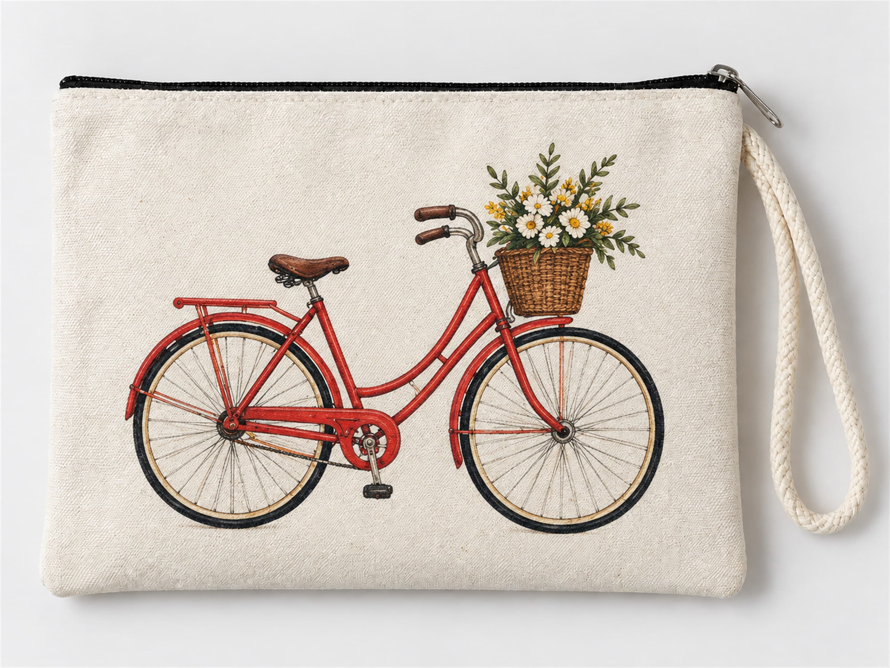Çiçek Sepetli Bisiklet Baskılı Fermuarlı Clutch Makyaj Çantası Bozuk Para Cüzdanı