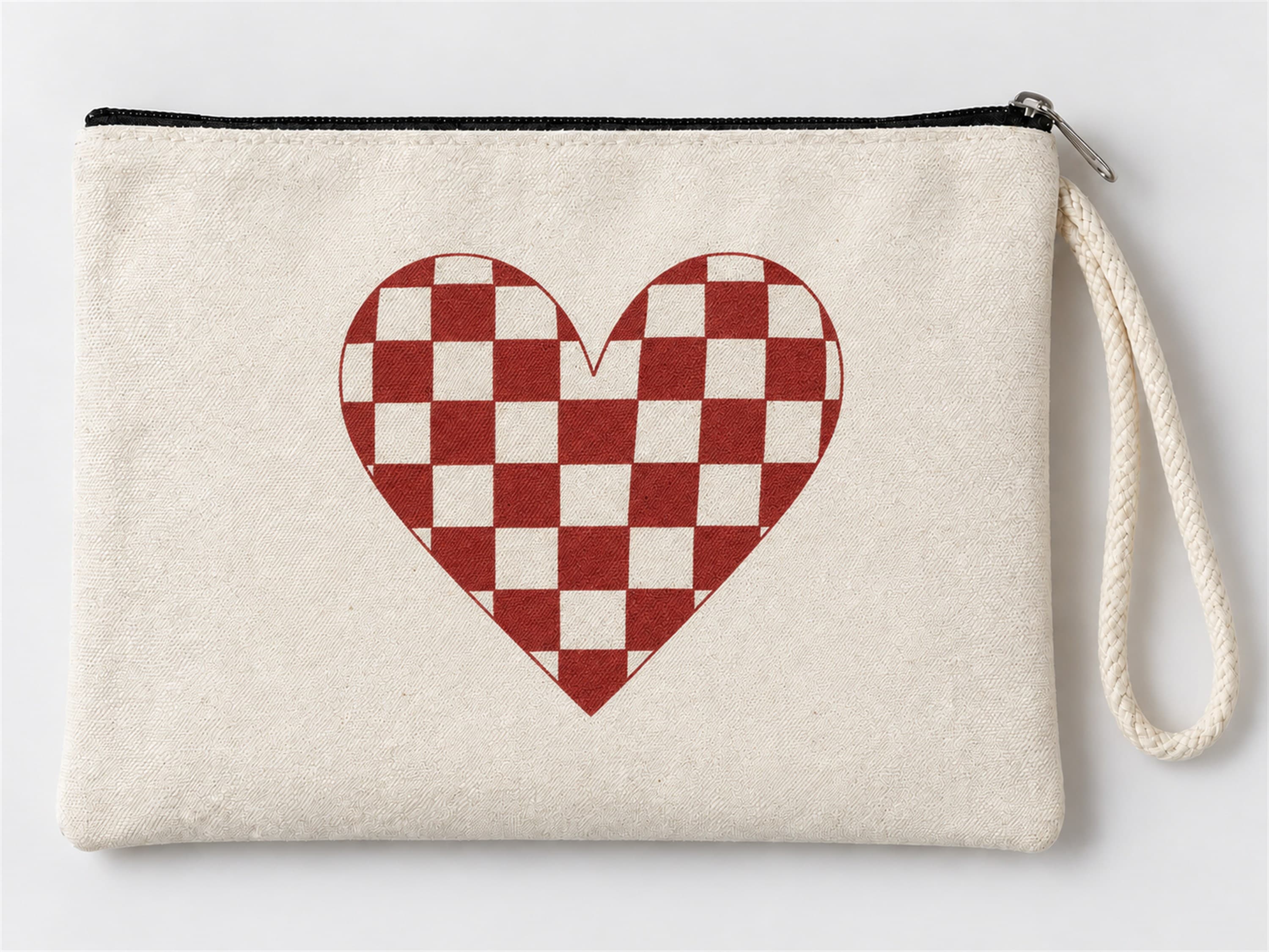 Ekose Kalp Baskılı Fermuarlı Clutch Makyaj Çantası Bozuk Para Cüzdanı