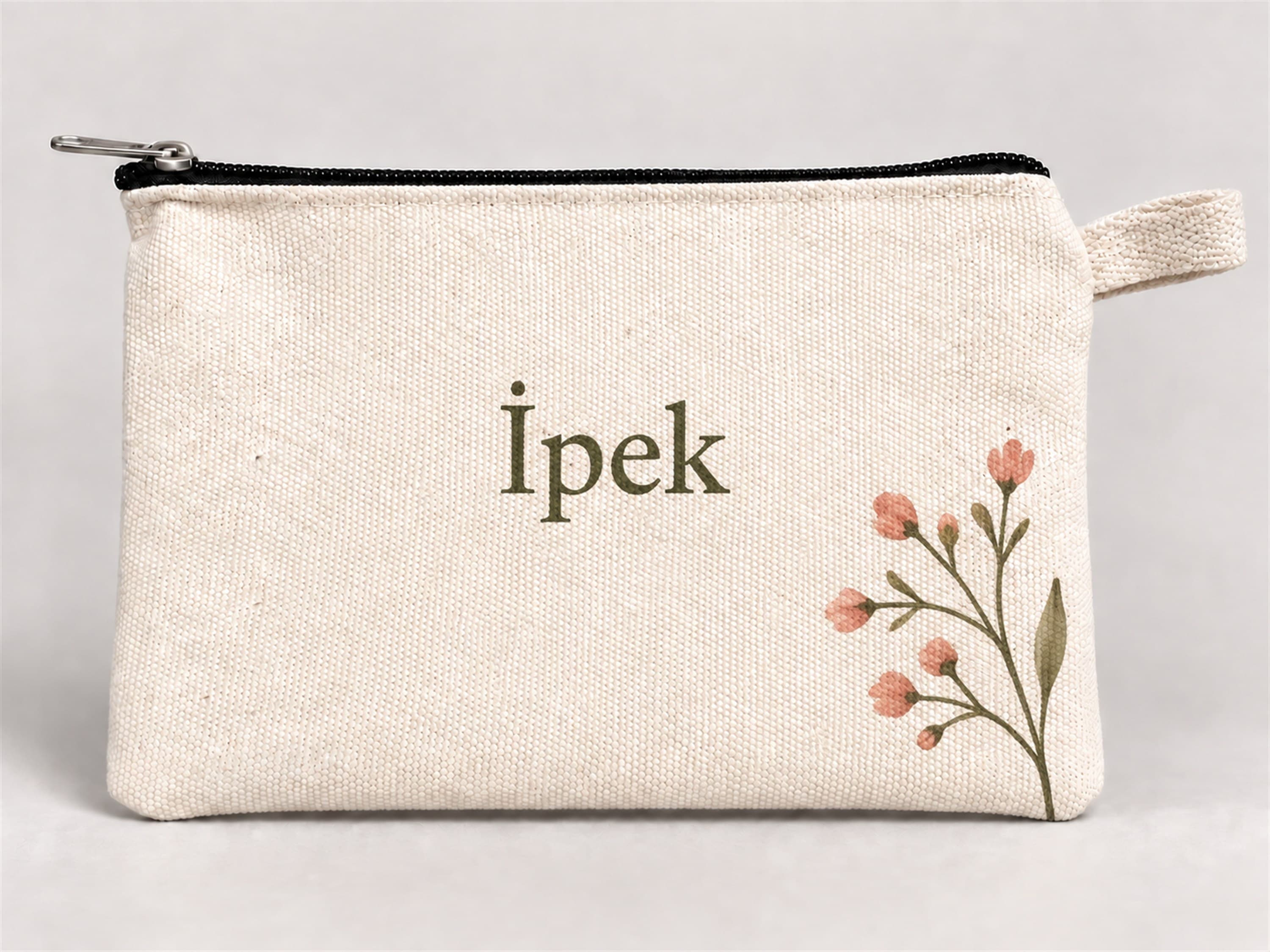 Kişiye Özel Pembe Çiçek Dalı Köşe Baskılı Fermuarlı Kalemlik 20x10 cm
