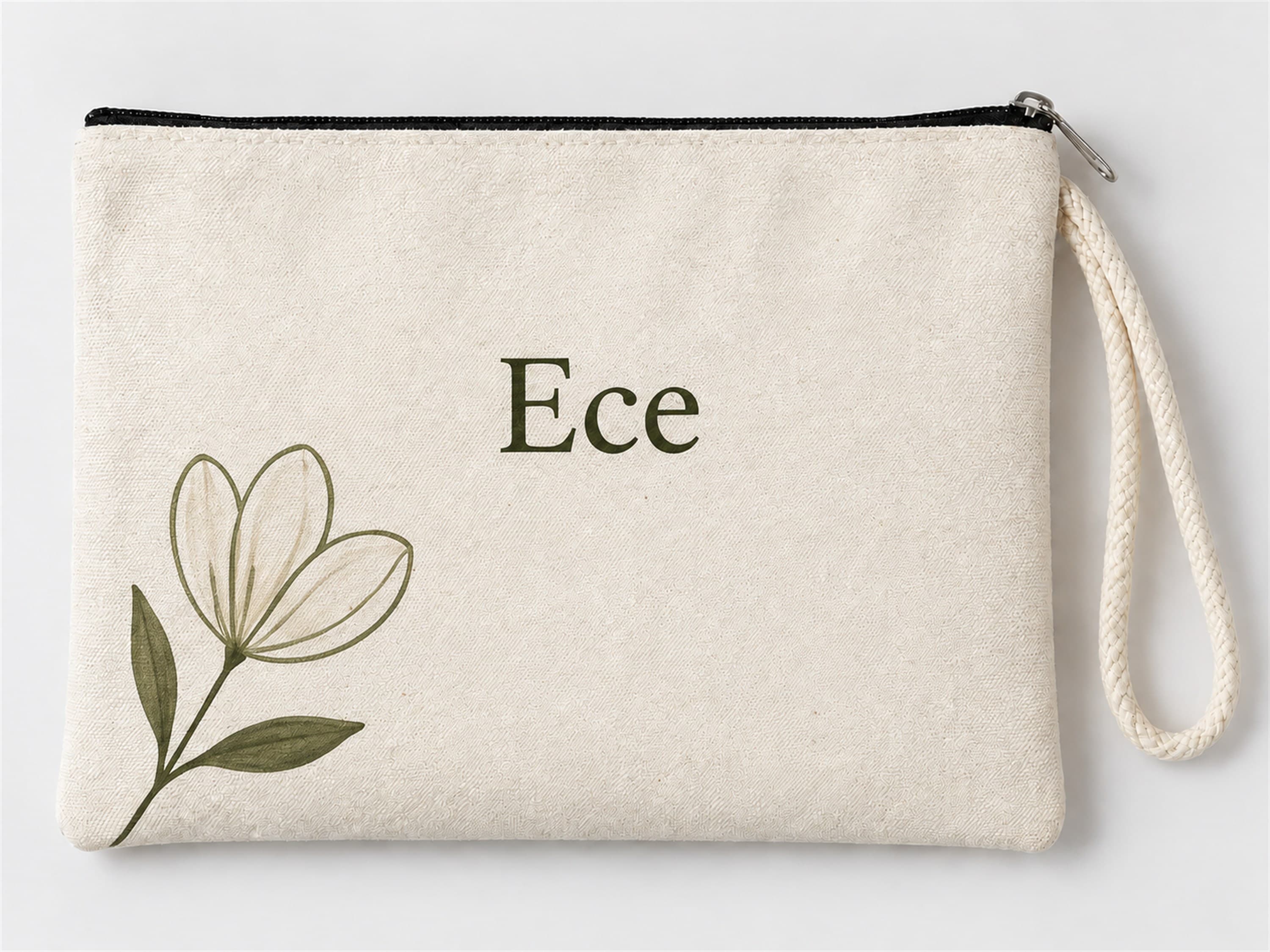Kişiye Özel Beyaz Çiçek Köşe Baskılı Fermuarlı Clutch Makyaj Çantası Bozuk Para Cüzdanı
