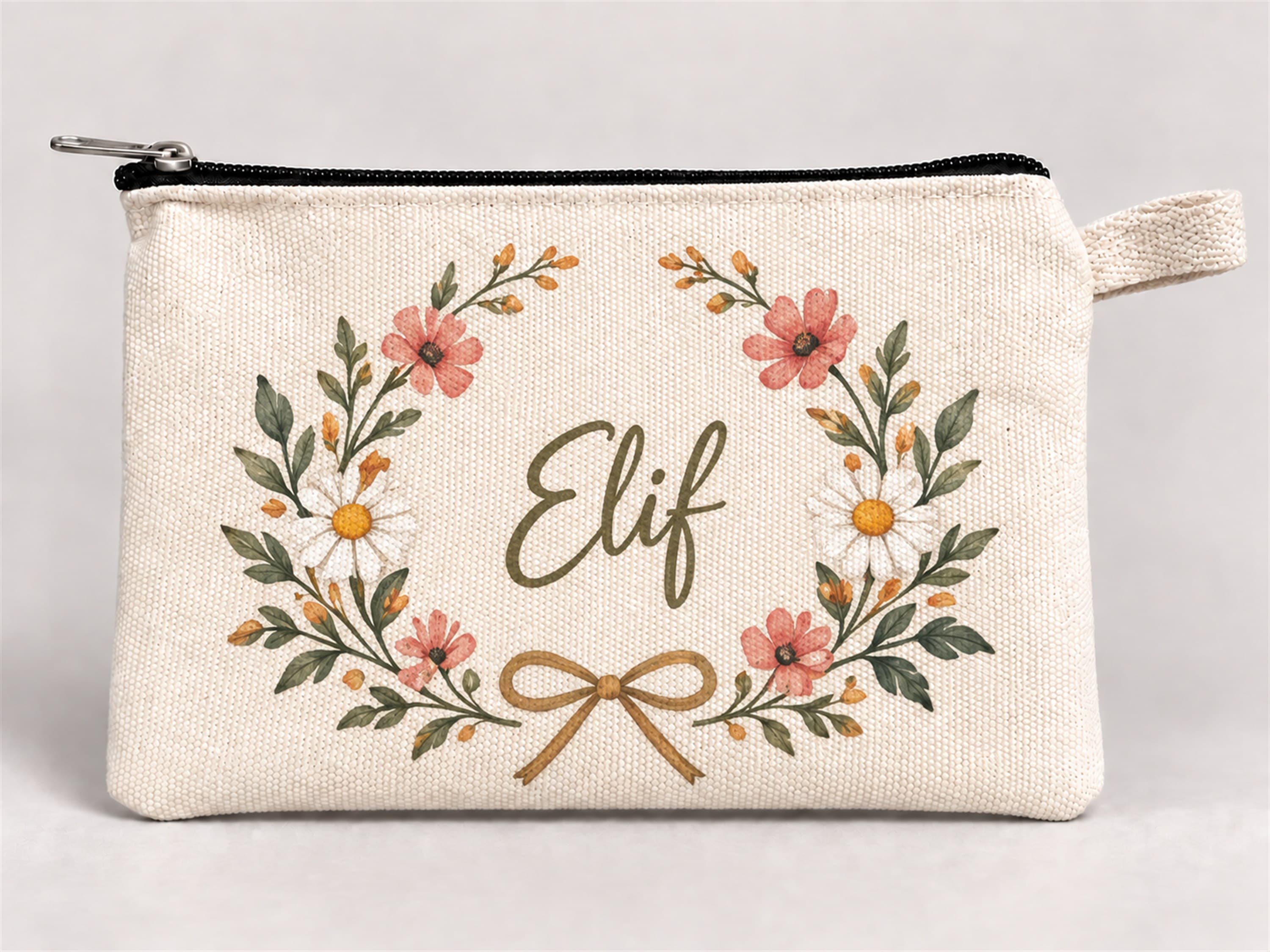 Kişiye Özel Papatya Fiyonk Çelengi Baskılı Fermuarlı Kalemlik 20x10 cm