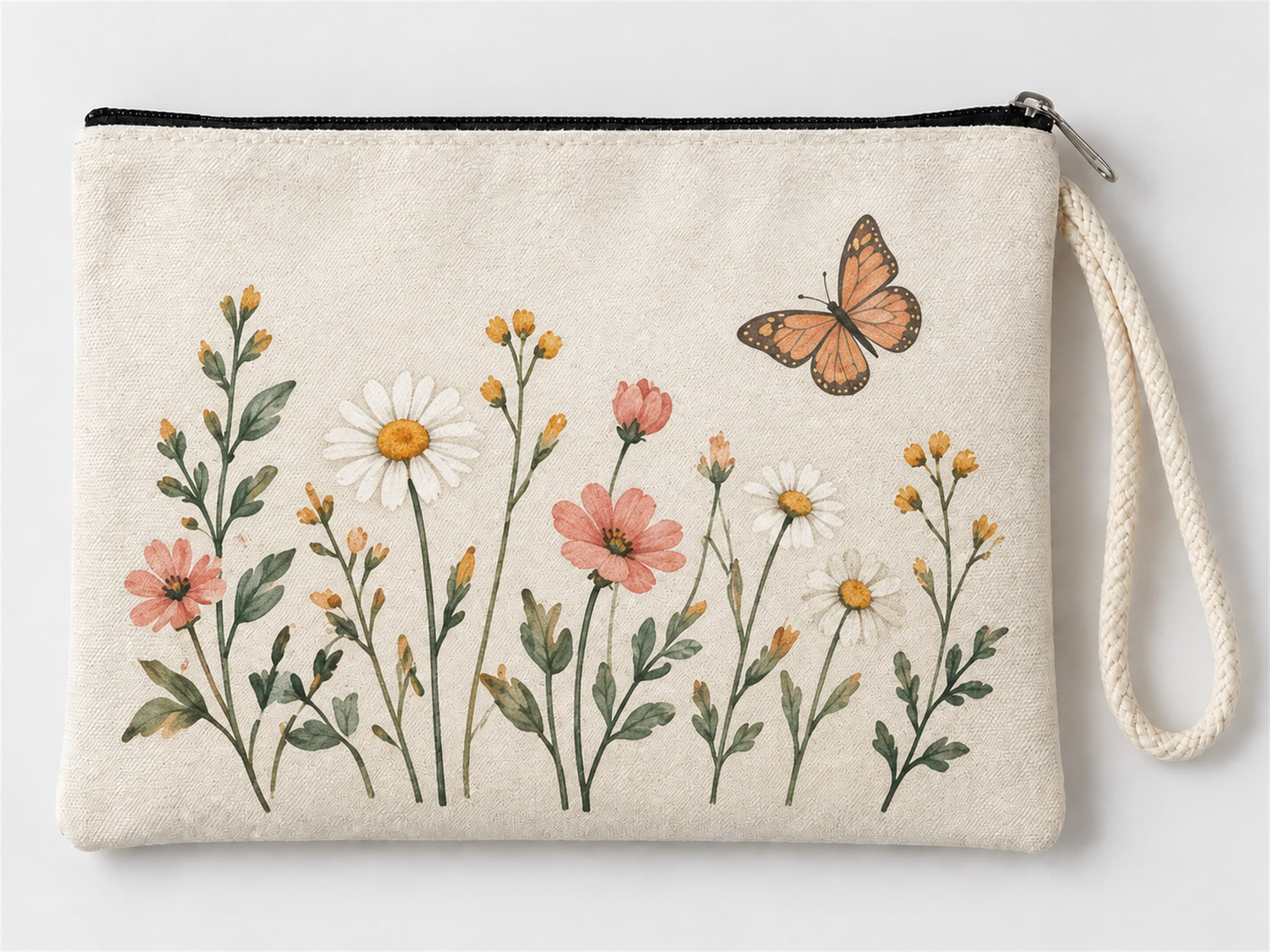 Kelebekli Kır Çiçekleri Baskılı Fermuarlı Clutch Makyaj Çantası Bozuk Para Cüzdanı