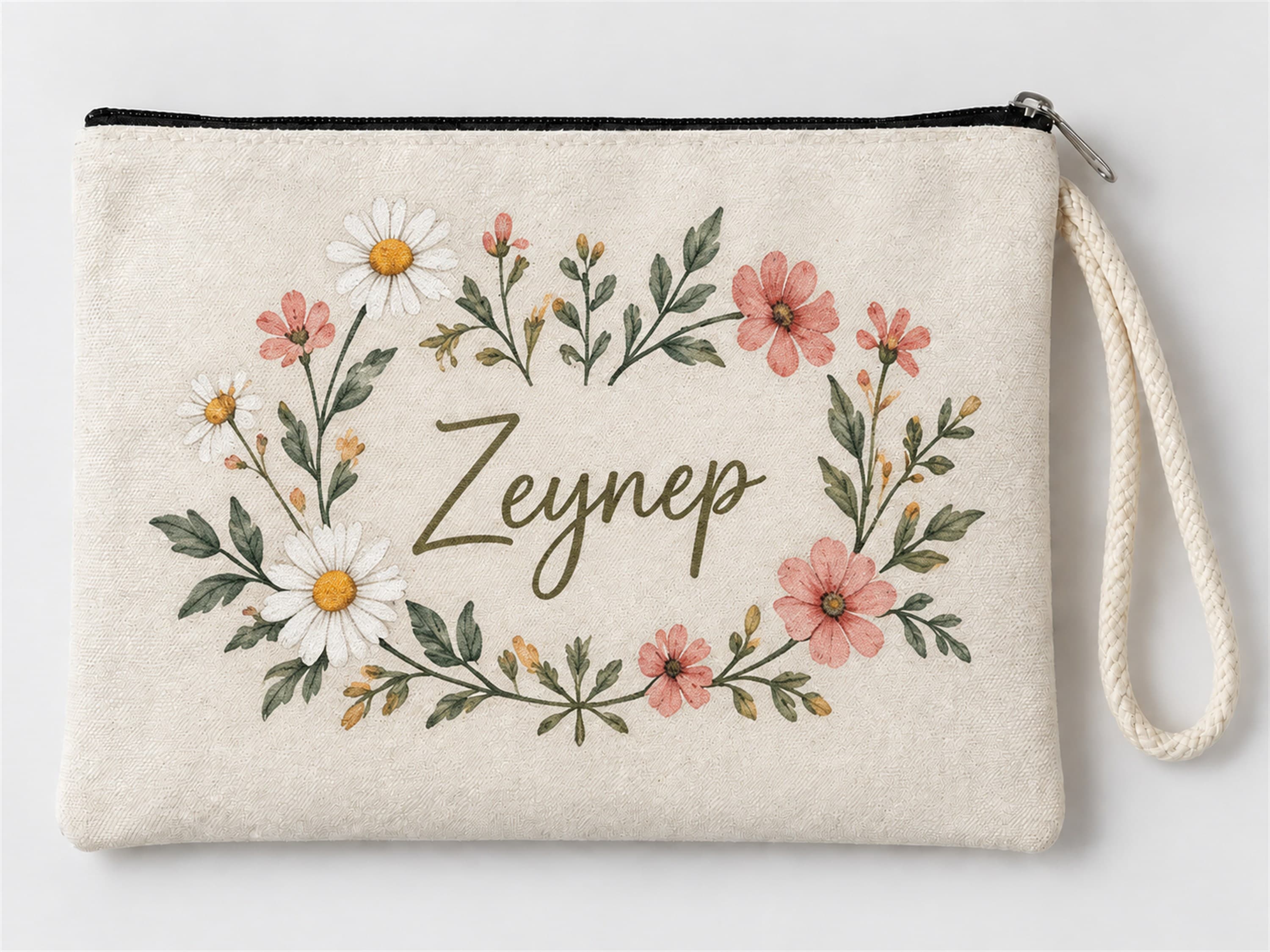 Kişiye Özel Çiçek Çelengi Baskılı Fermuarlı Clutch Makyaj Çantası Bozuk Para Cüzdanı