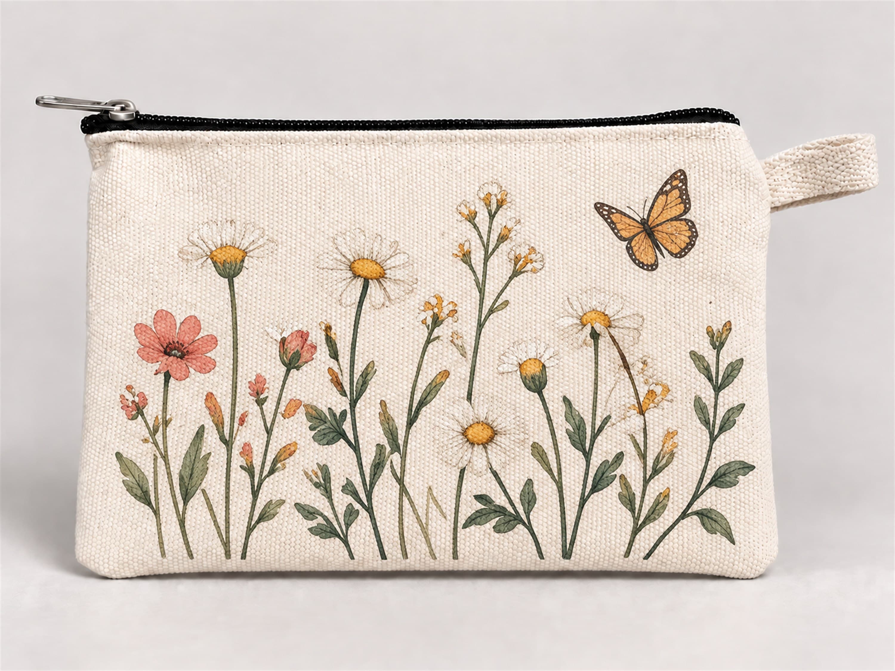 Kelebekli Kır Çiçekleri Baskılı Fermuarlı Kalemlik 20x10 cm