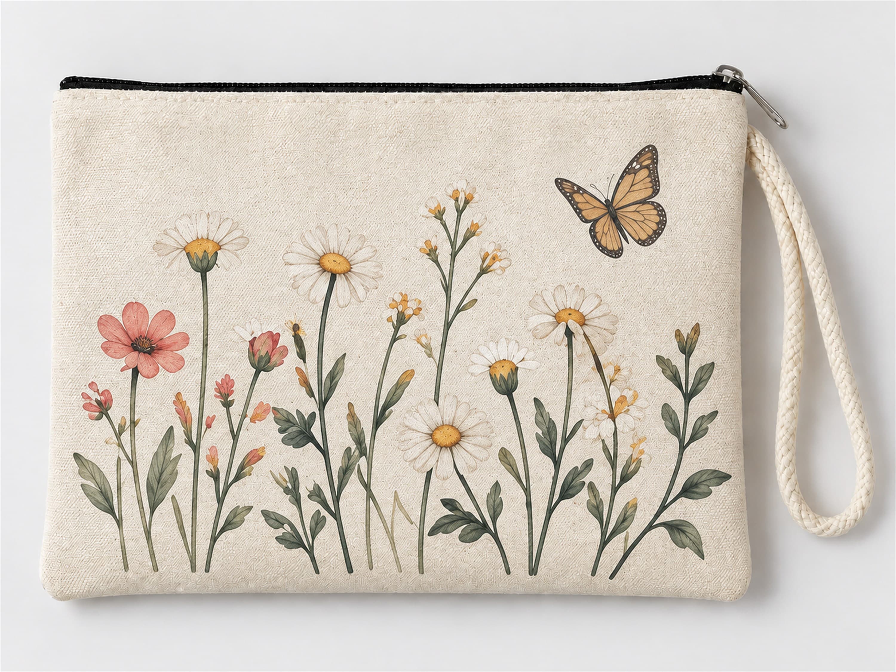 Kelebekli Kır Çiçekleri Baskılı Fermuarlı Clutch Makyaj Çantası Bozuk Para Cüzdanı