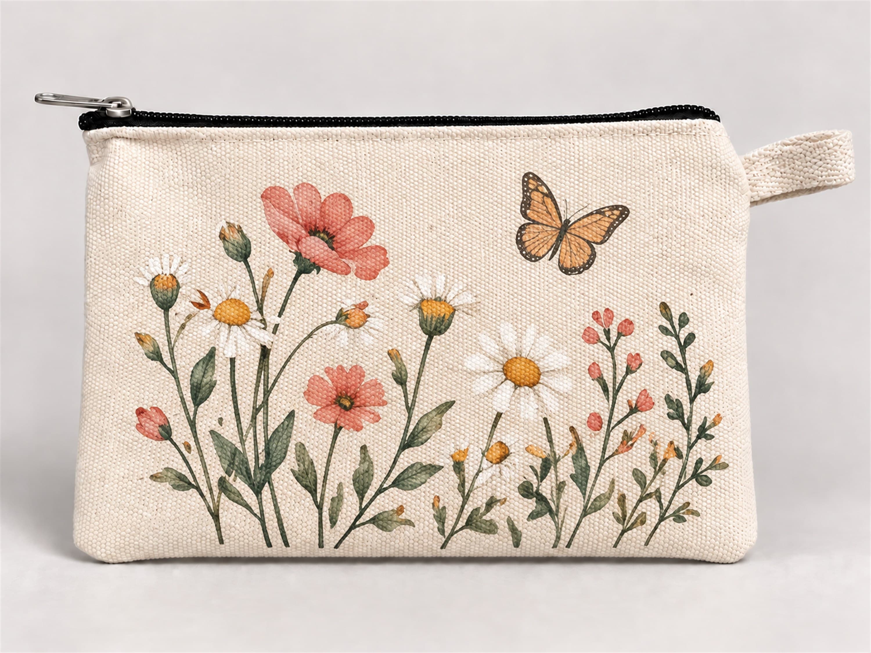 Kelebekli Kır Çiçekleri Baskılı Fermuarlı Kalemlik 20x10 cm