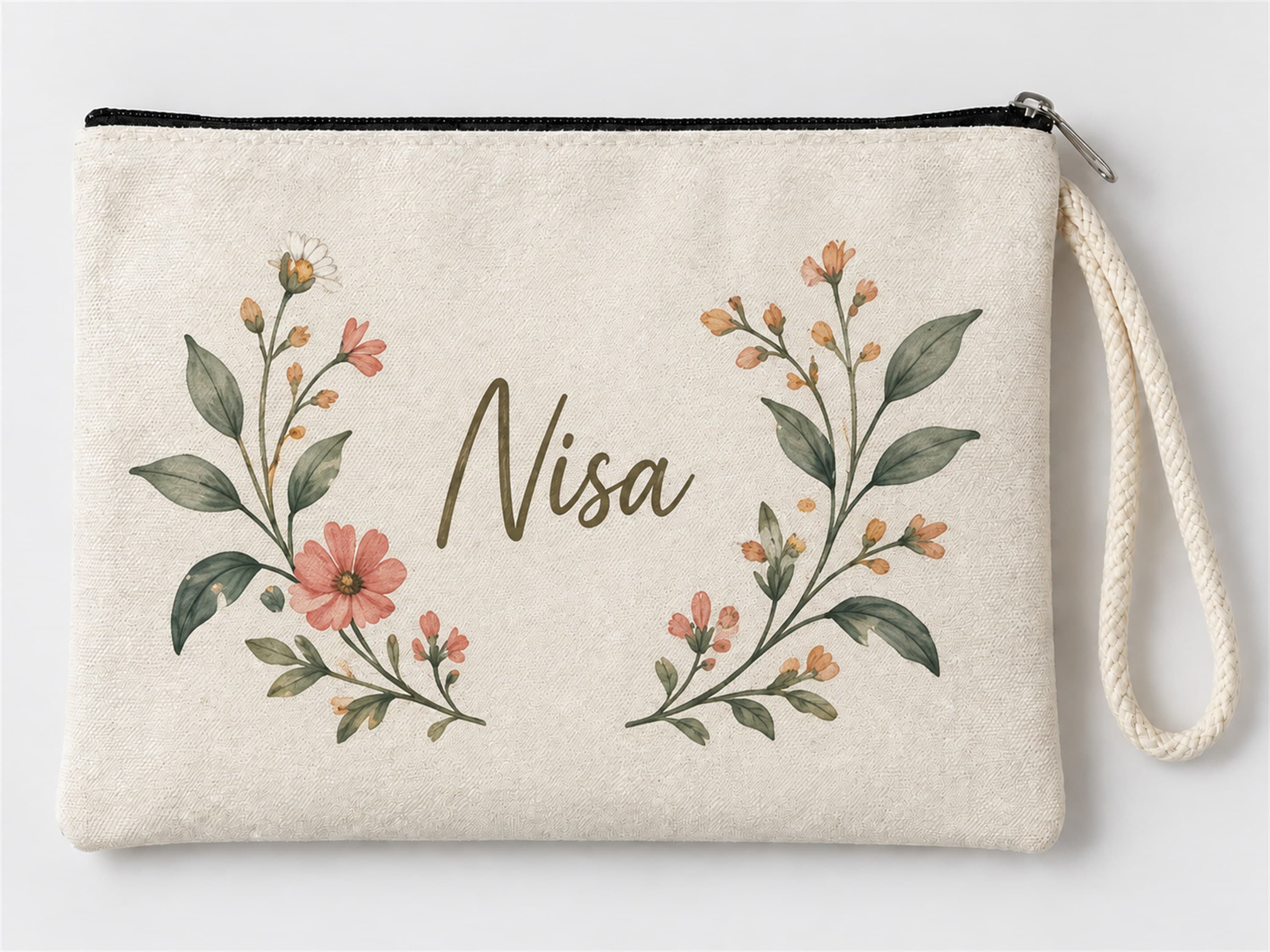 Kişiye Özel Çiçek Çelengi Baskılı Fermuarlı Clutch Makyaj Çantası Bozuk Para Cüzdanı