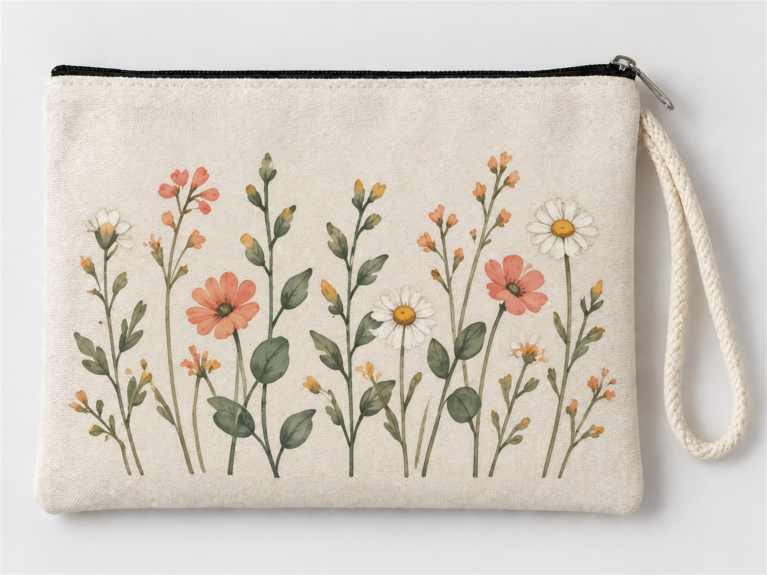 Kır Çiçekleri Baskılı Fermuarlı Clutch Makyaj Çantası Bozuk Para Cüzdanı