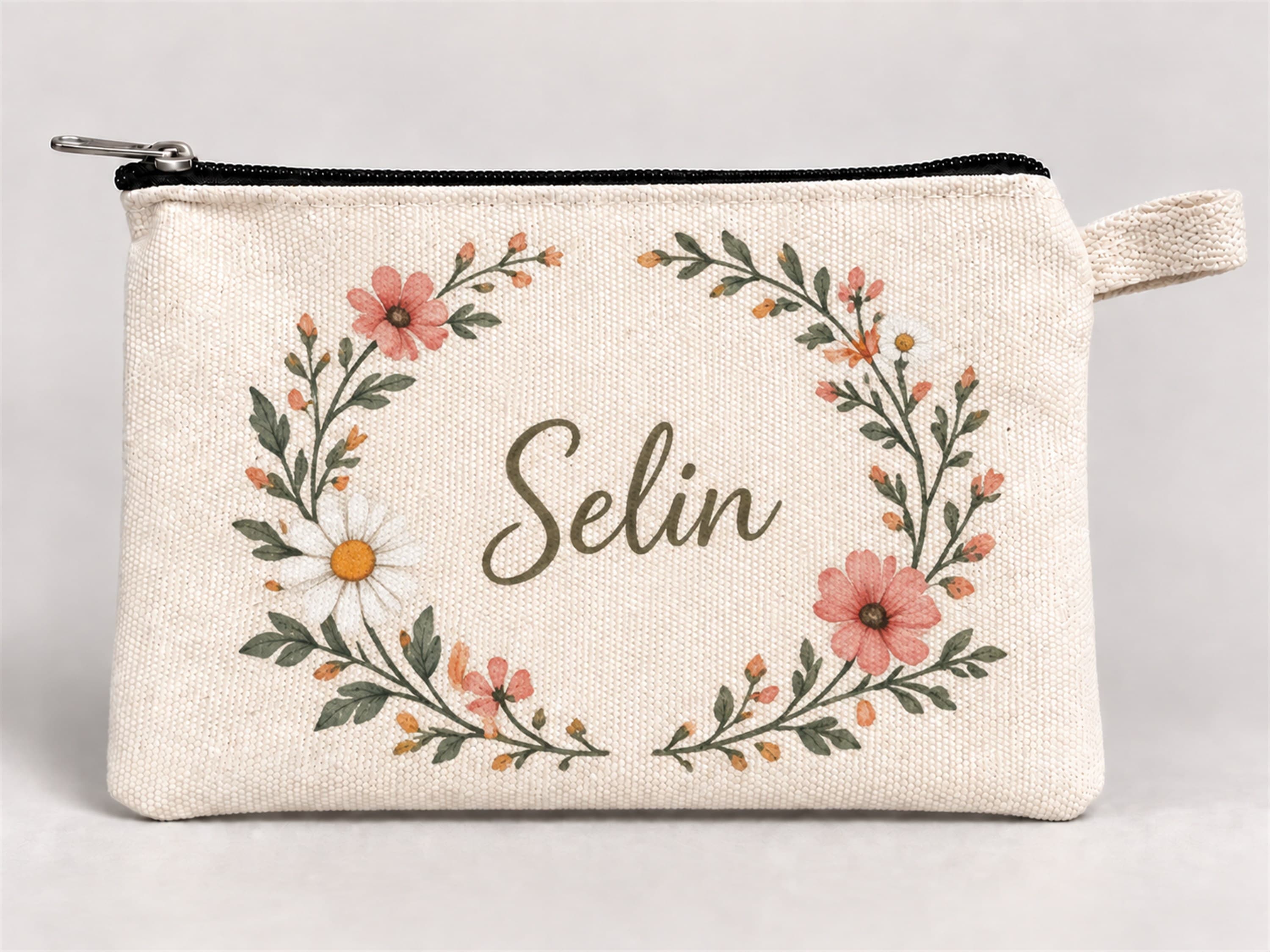 Kişiye Özel Papatya Çelengi Baskılı Fermuarlı Kalemlik 20x10 cm
