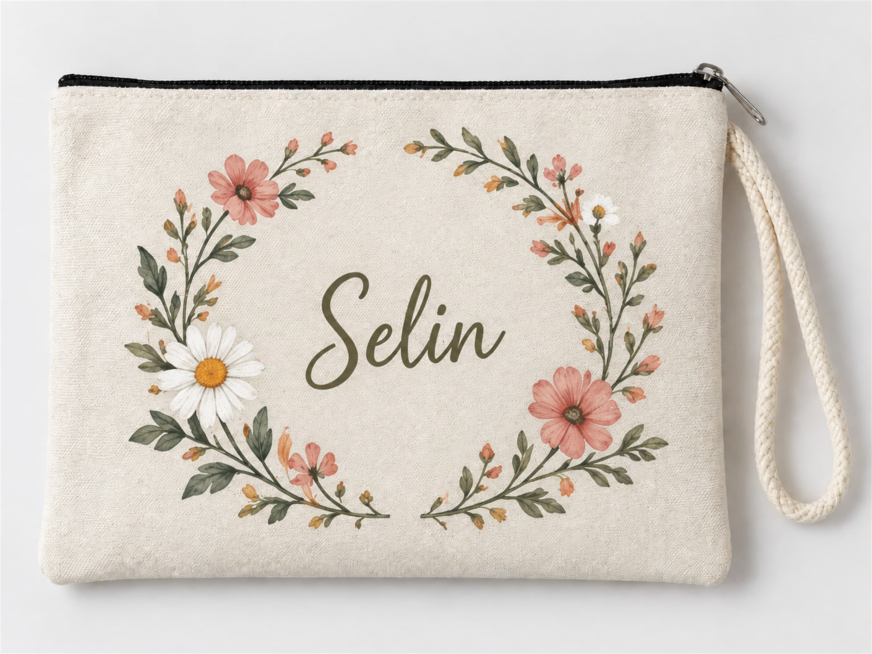 Kişiye Özel Papatya Çelengi Baskılı Fermuarlı Clutch Makyaj Çantası Bozuk Para Cüzdanı