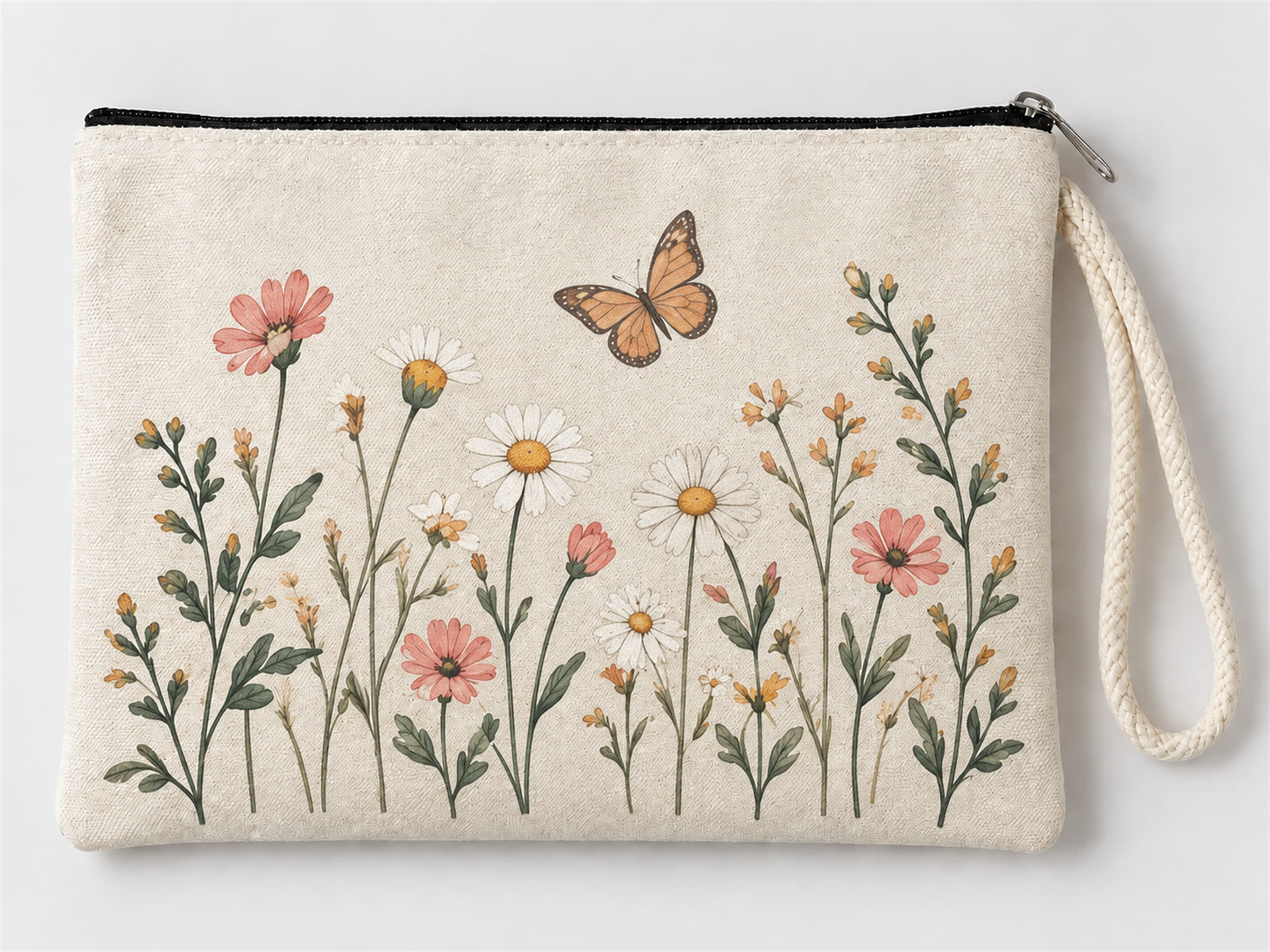 Kelebekli Kır Çiçekleri Baskılı Fermuarlı Clutch Makyaj Çantası Bozuk Para Cüzdanı