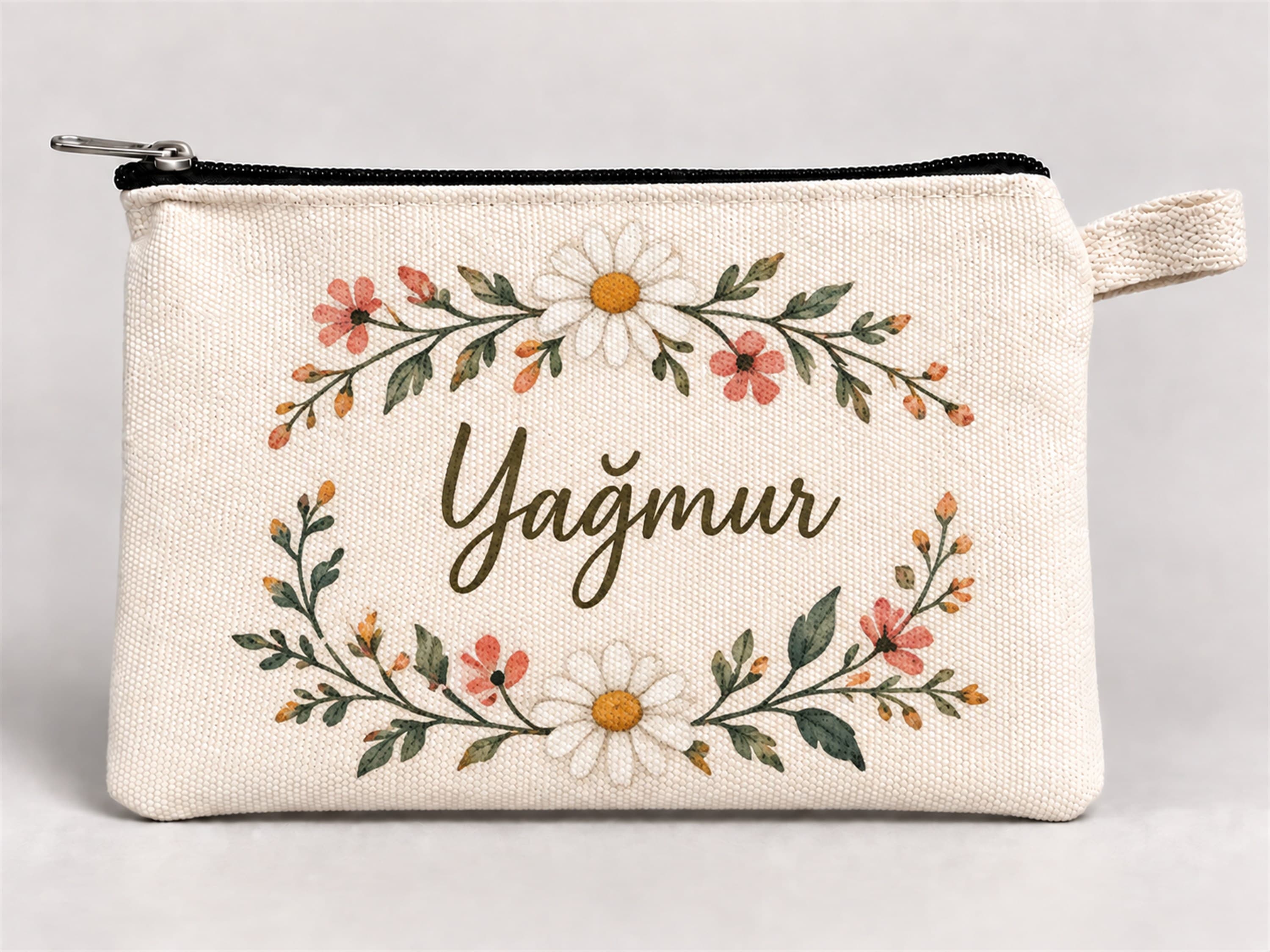 Kişiye Özel Papatya Çerçevesi Baskılı Fermuarlı Kalemlik 20x10 cm
