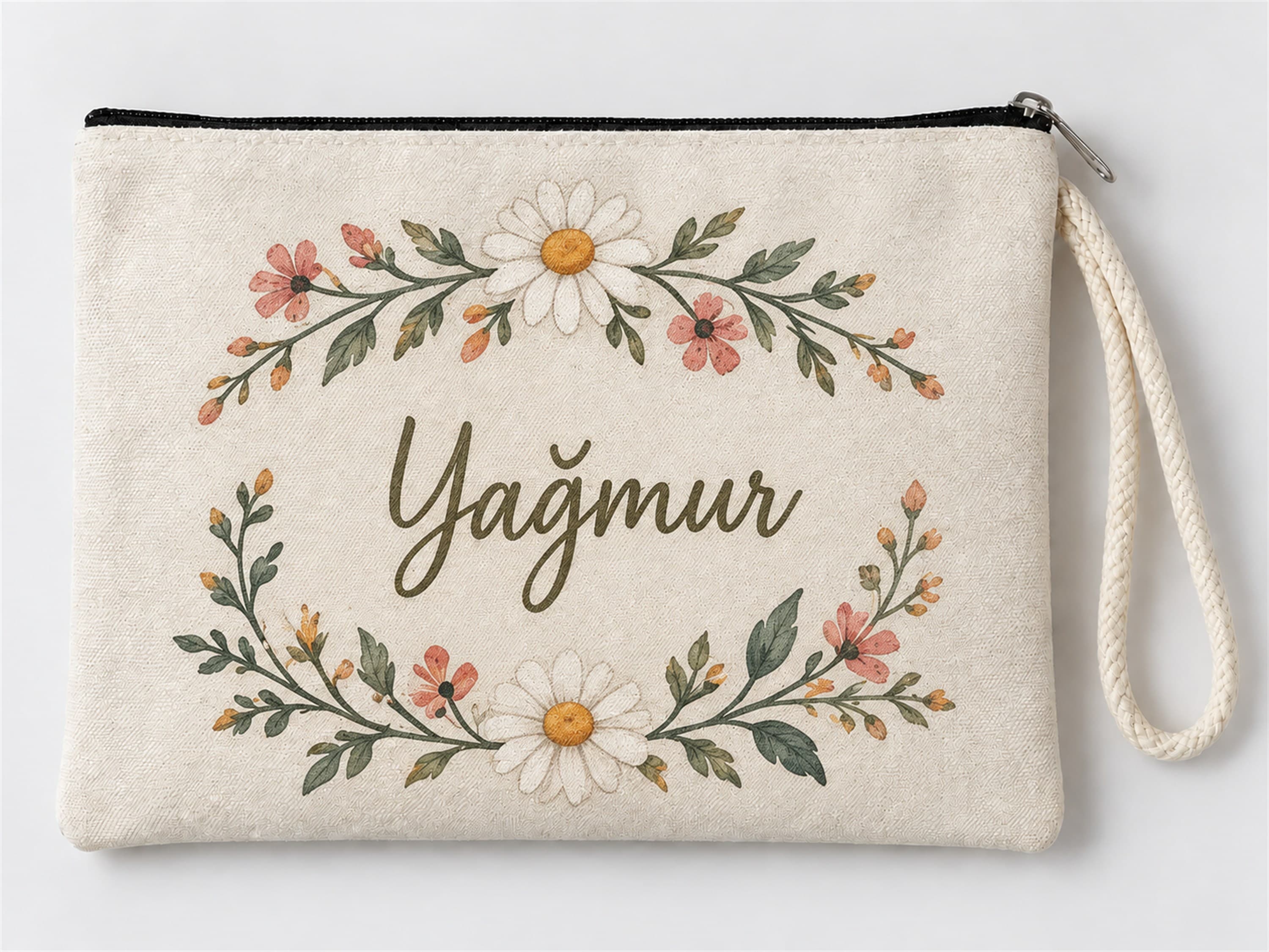 Kişiye Özel Papatya Çerçevesi Baskılı Fermuarlı Clutch Makyaj Çantası Bozuk Para Cüzdanı