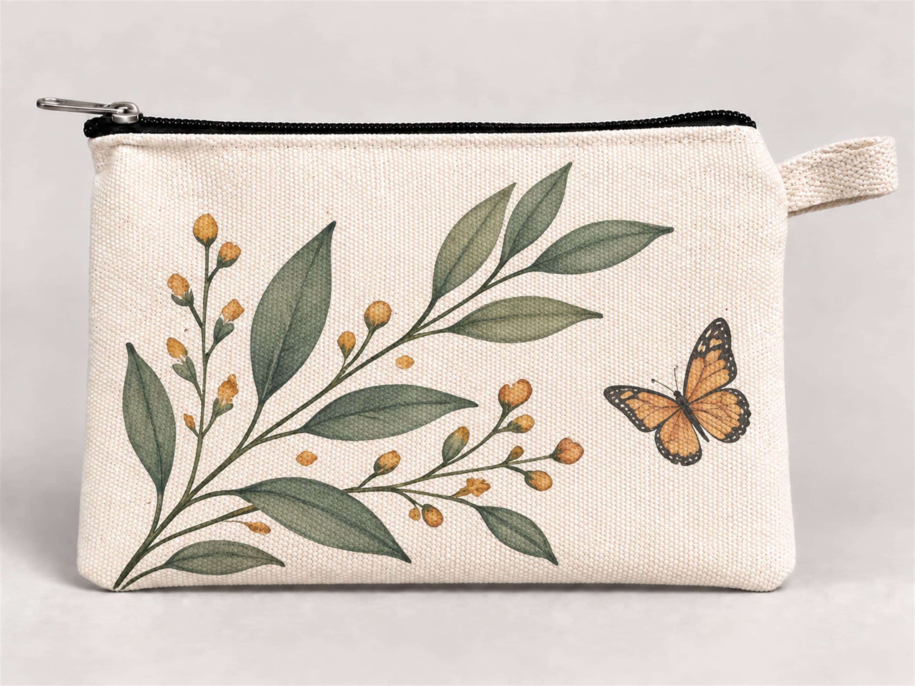 Kelebekli Yaprak Dalı Baskılı Fermuarlı Kalemlik 20x10 cm