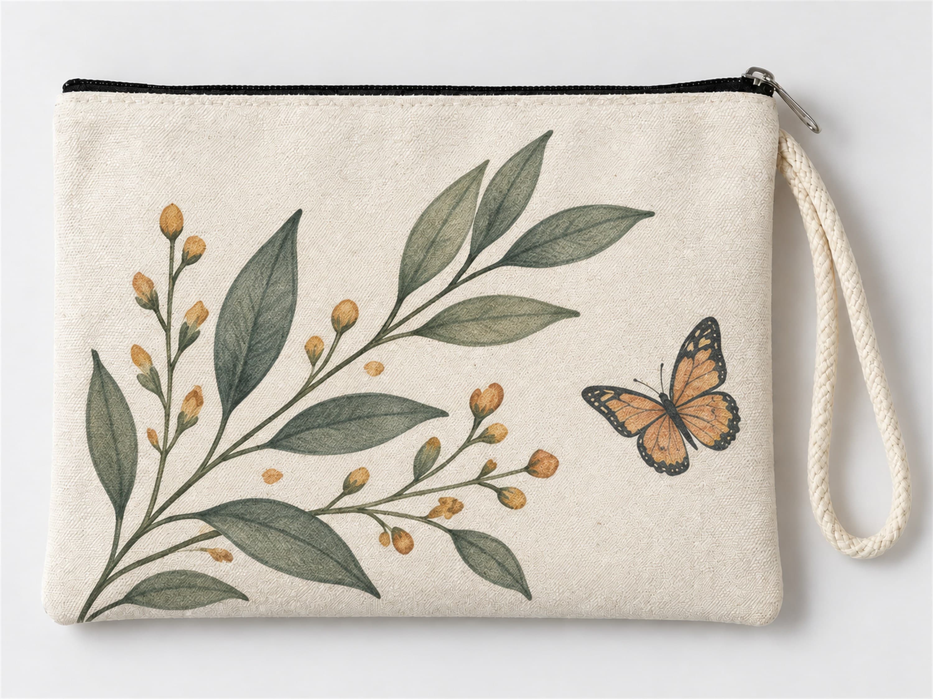 Kelebekli Yaprak Dalı Baskılı Fermuarlı Clutch Makyaj Çantası Bozuk Para Cüzdanı