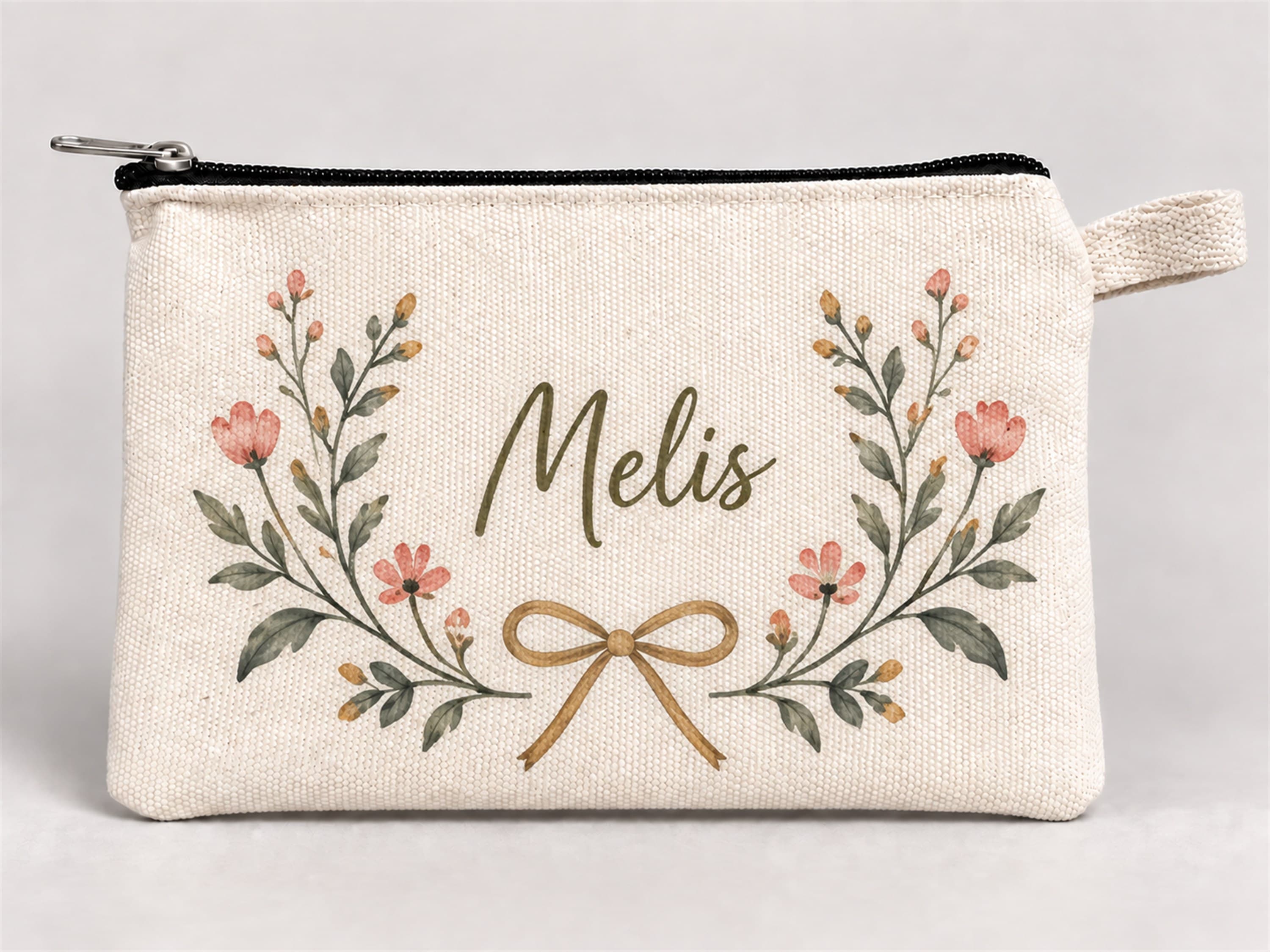Kişiye Özel Fiyonk Çiçek Çelengi Baskılı Fermuarlı Kalemlik 20x10 cm