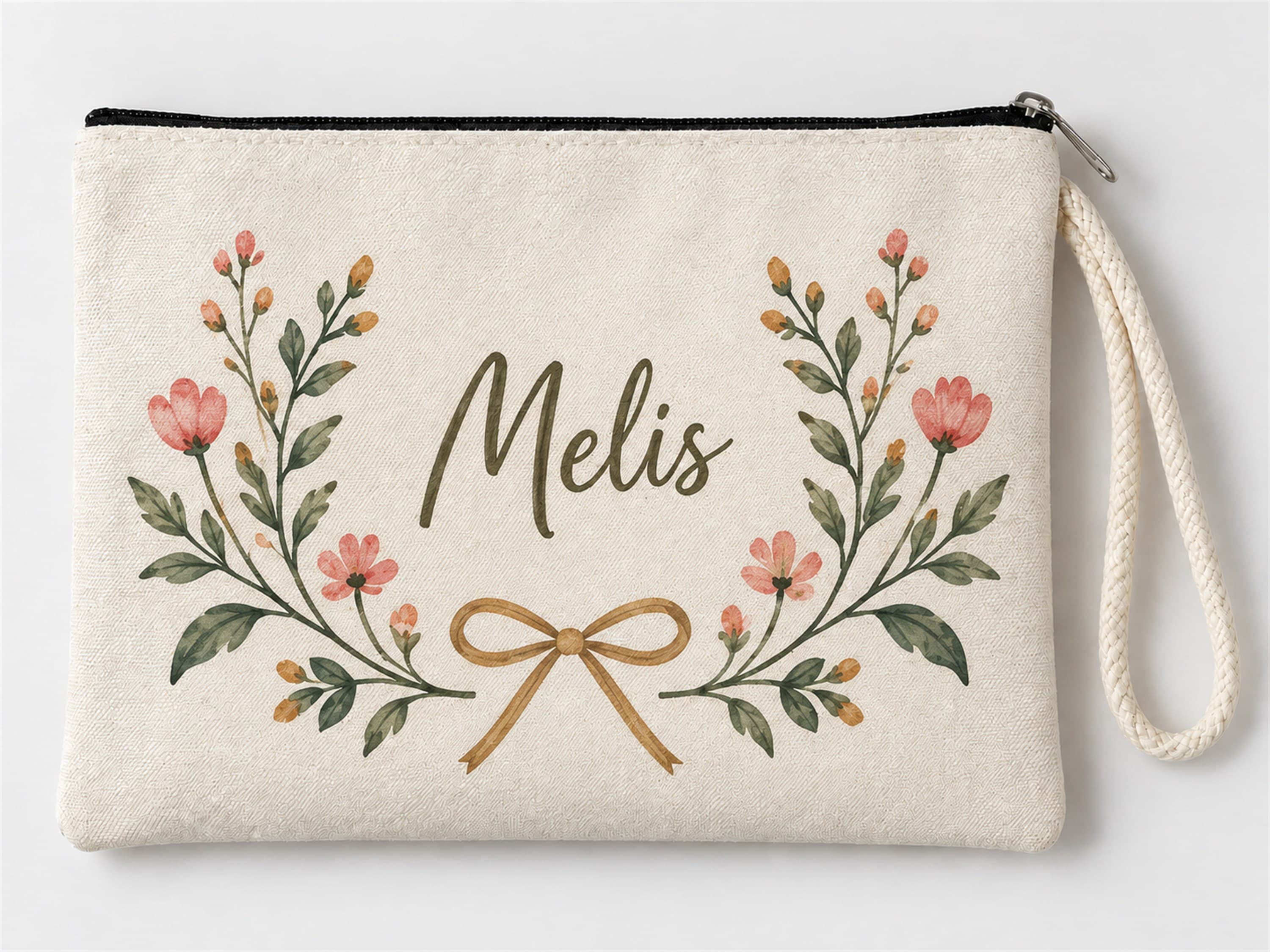 Kişiye Özel Fiyonk Çiçek Çelengi Baskılı Fermuarlı Clutch Makyaj Çantası Bozuk Para Cüzdanı