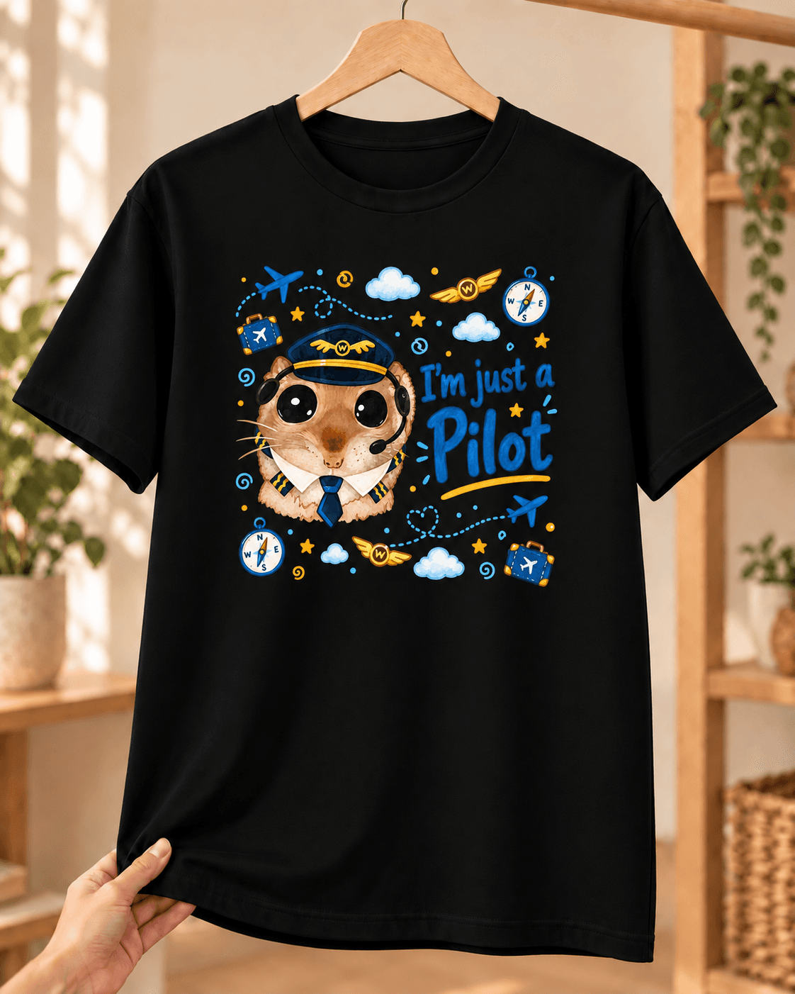 Sad Hamster Pilot Baskılı Siyah Tişört - Pilota Hediye Unisex