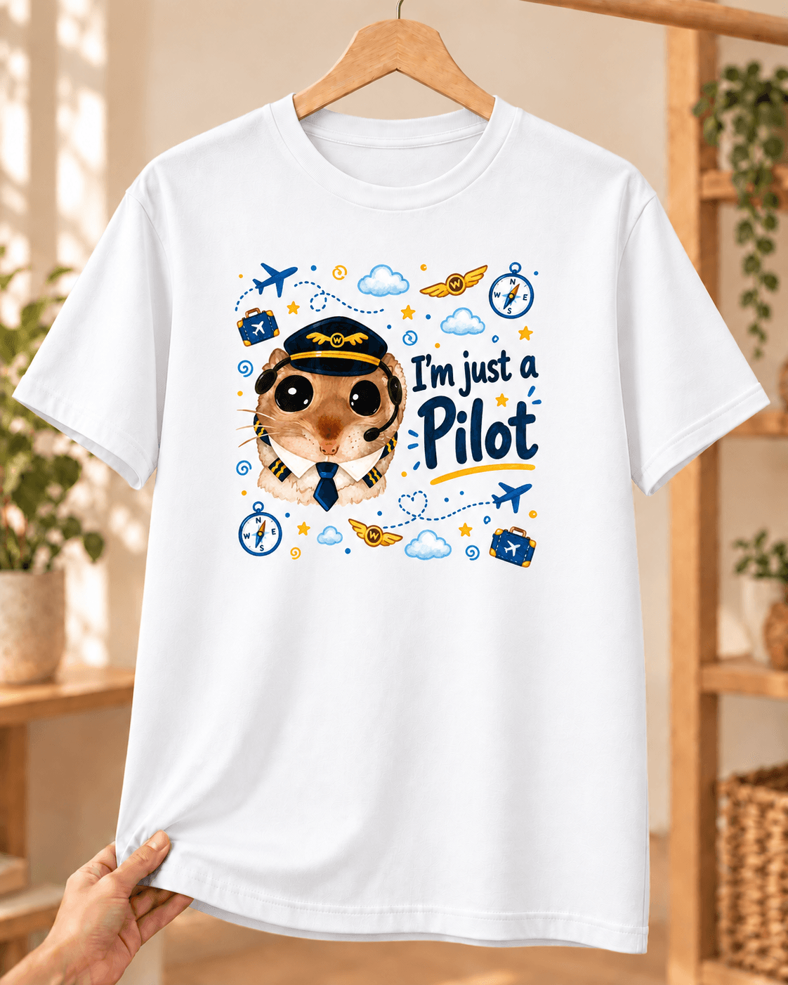 Sad Hamster Pilot Baskılı Beyaz Tişört - Pilota Hediye Unisex - XL