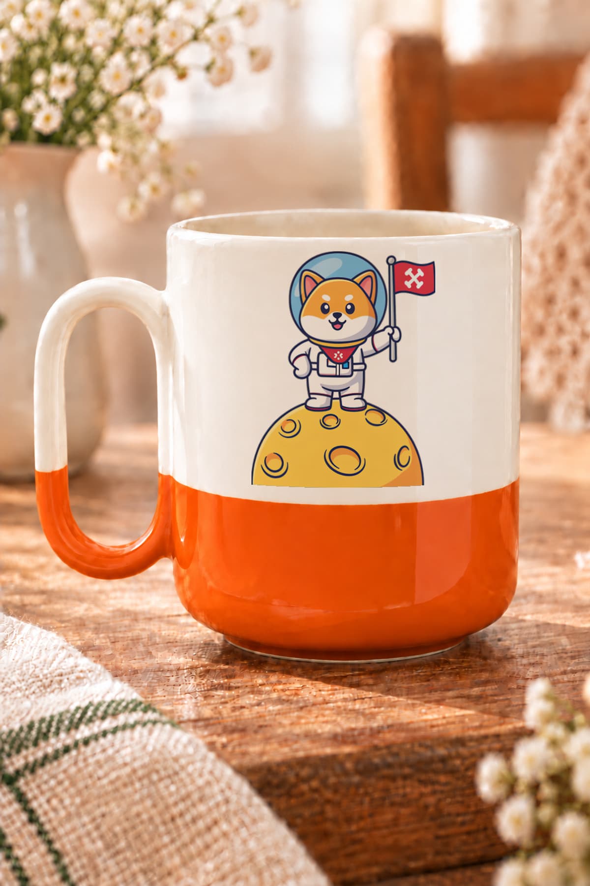 Astronot Kedi Baskılı Alt Yarısı Renkli Arya Kupa Bardak Fincan Mug