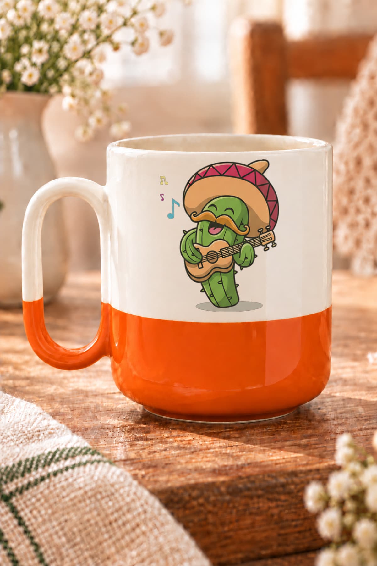 Meksikalı Kaktüs Baskılı Alt Yarısı Renkli Arya Kupa Bardak Fincan Mug