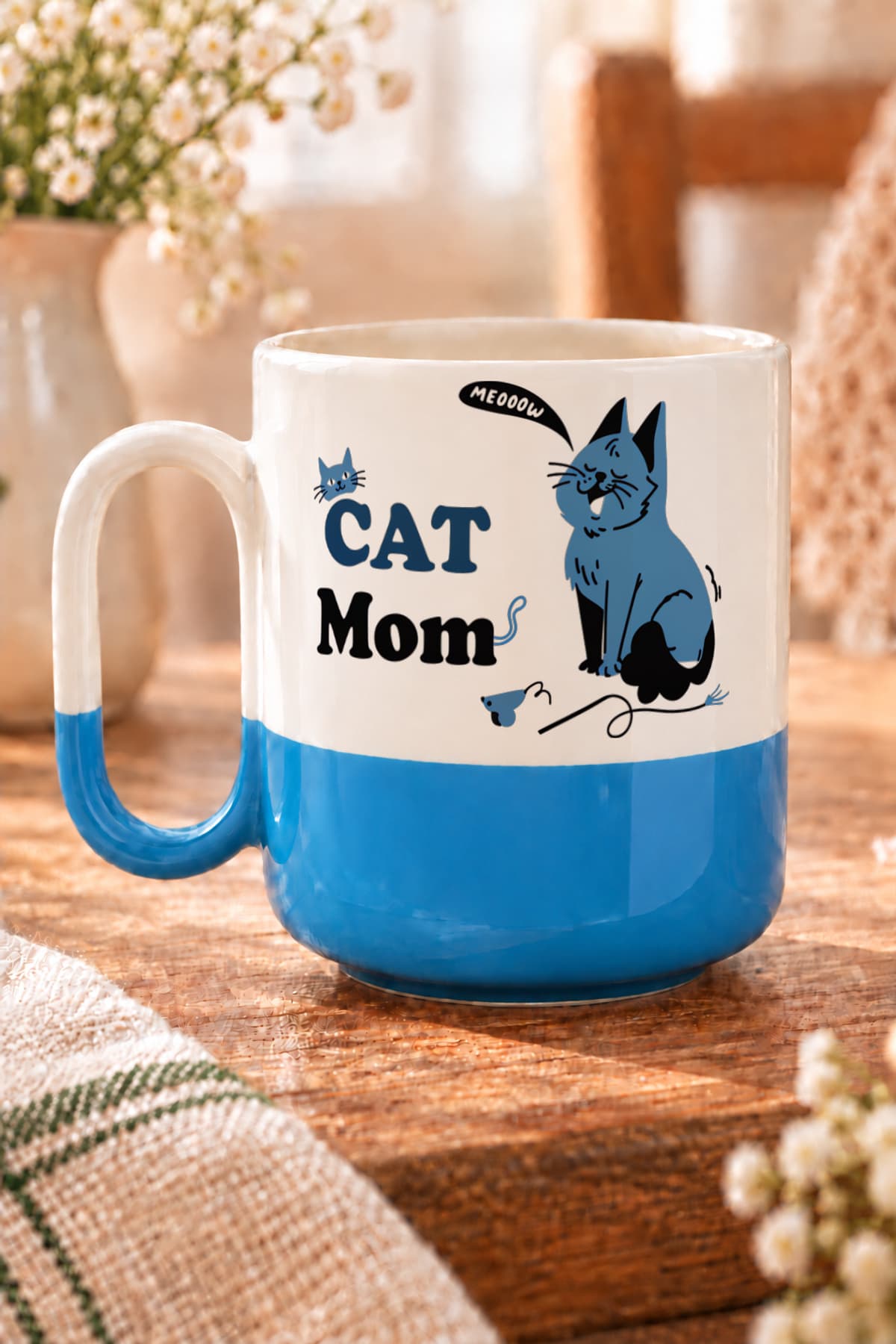 Cat Mom Baskılı Alt Yarısı Renkli Arya Kupa - Anneye Hediye Bardak Fincan Mug