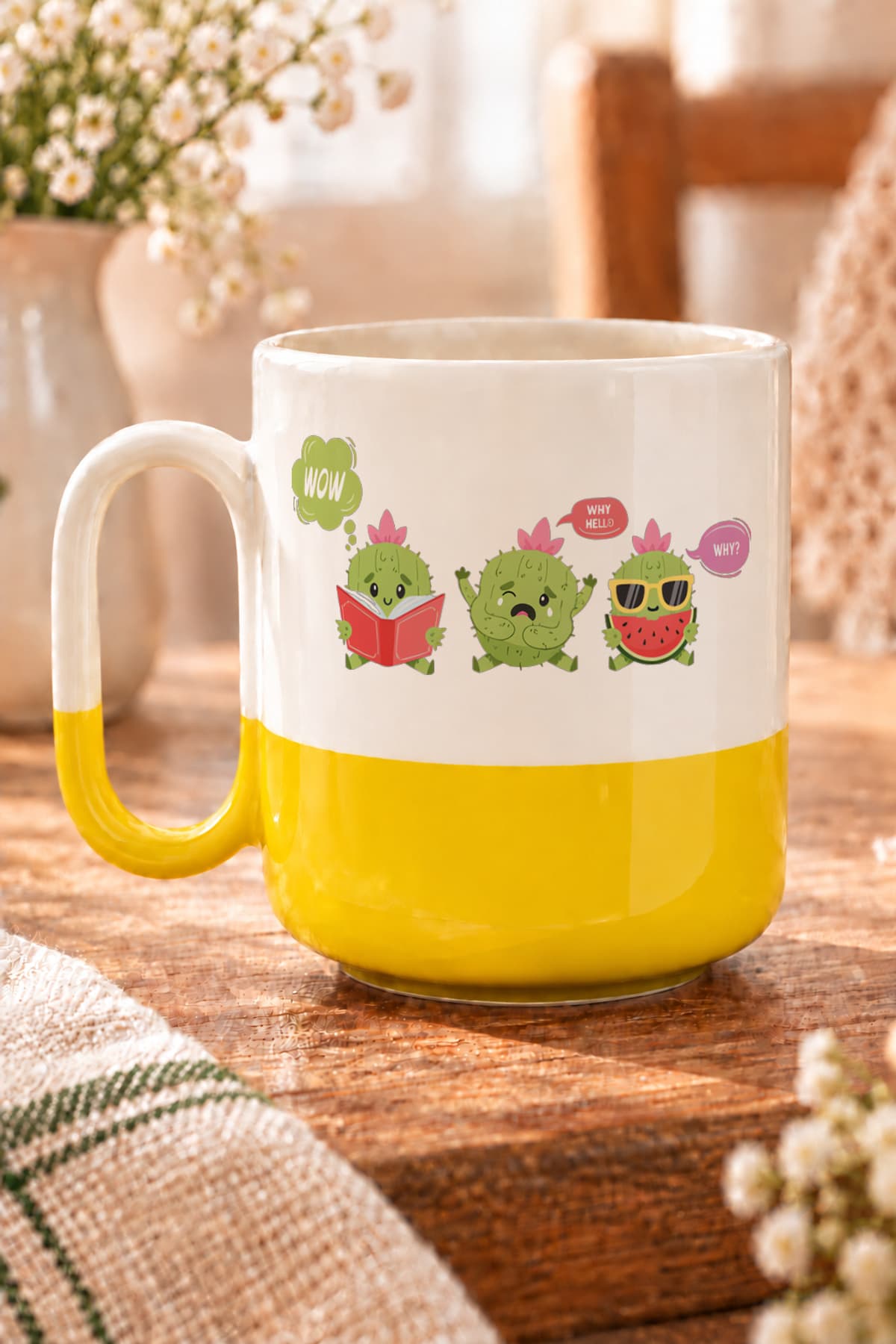 Wow Why Kaktüsler Baskılı Alt Yarısı Renkli Arya Kupa Bardak Fincan Mug