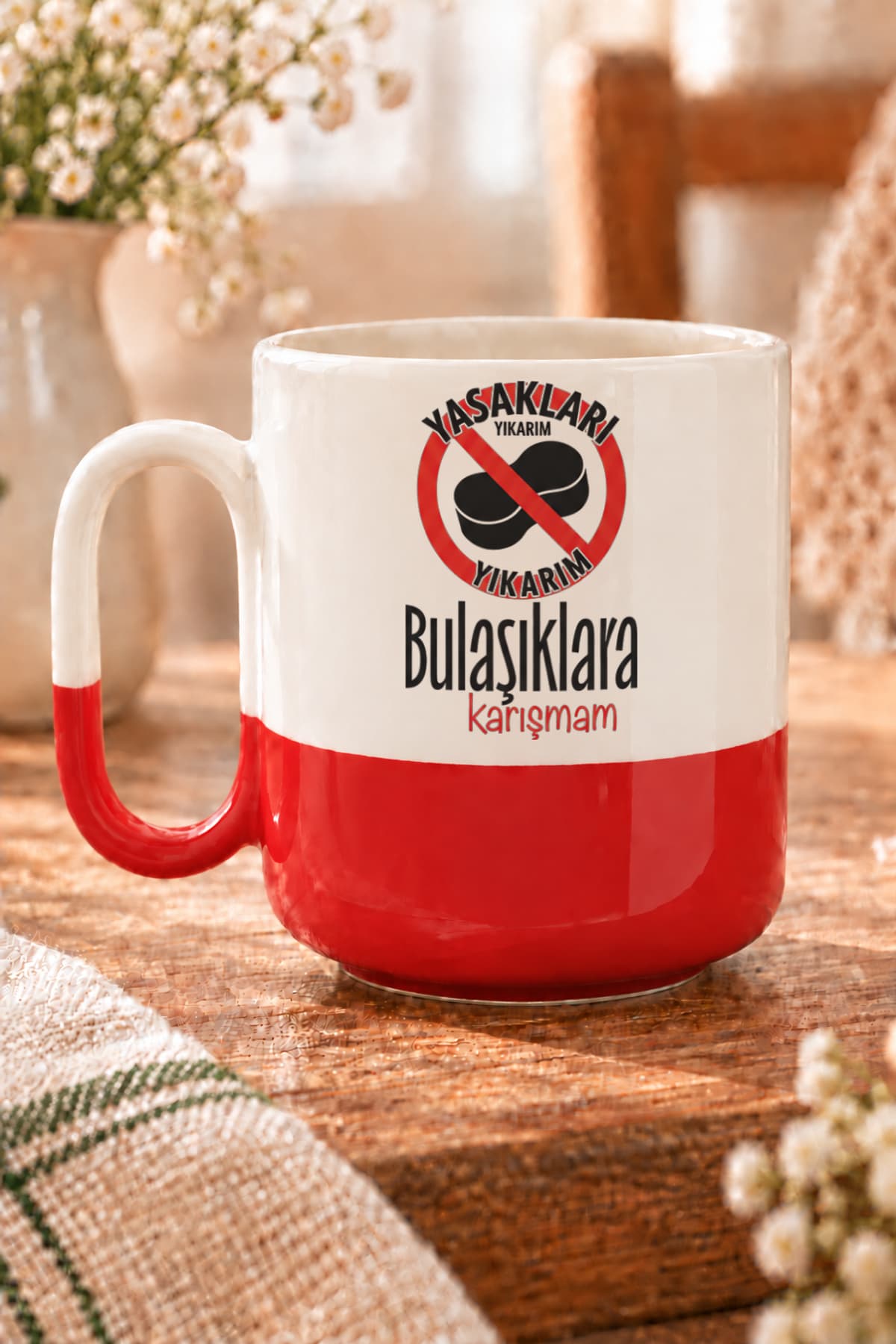 Yasakları Yıkarım Bulaşıklara Karışmam Baskılı Alt Yarısı Renkli Arya Kupa Bardak Fincan Mug