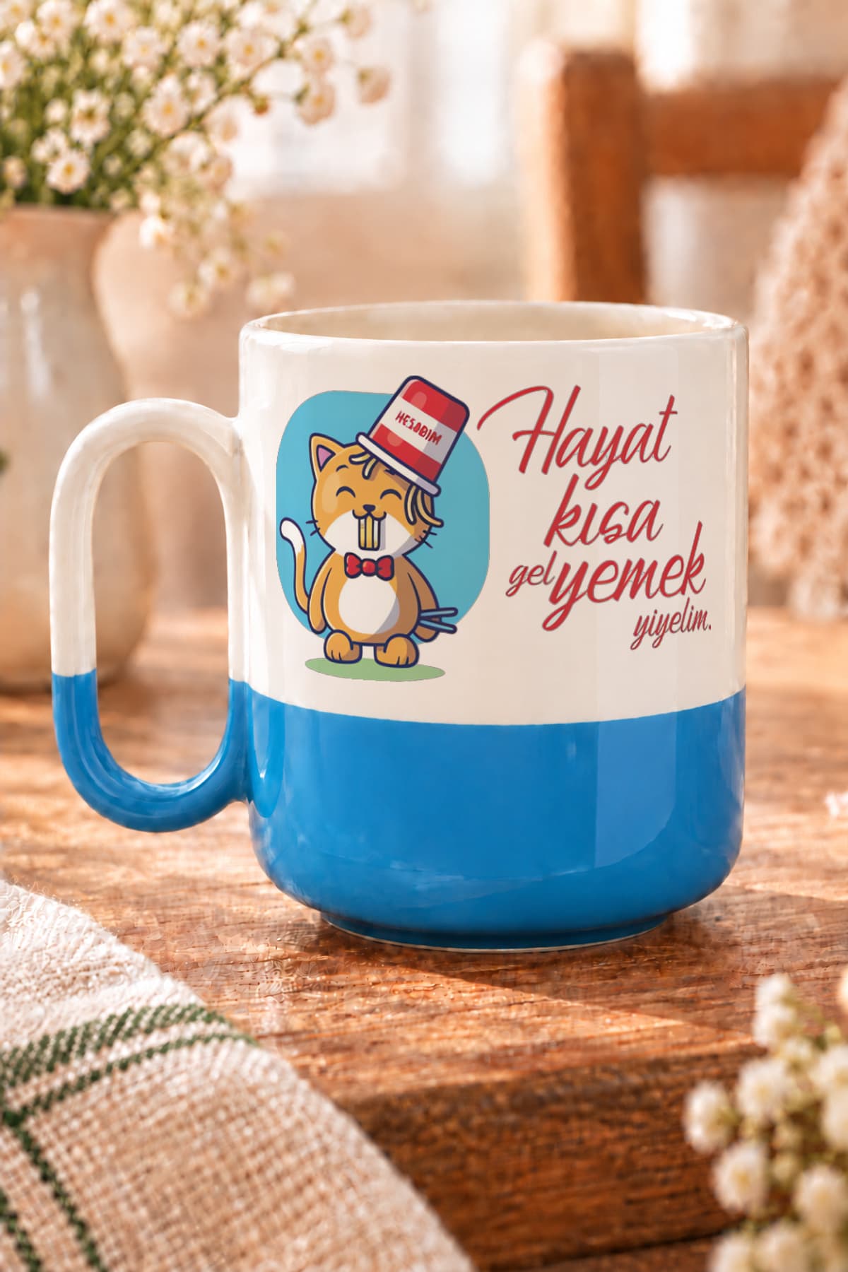 Hayat Kısa Gel Yemek Yiyelim Baskılı Alt Yarısı Renkli Arya Kupa Bardak Fincan Mug
