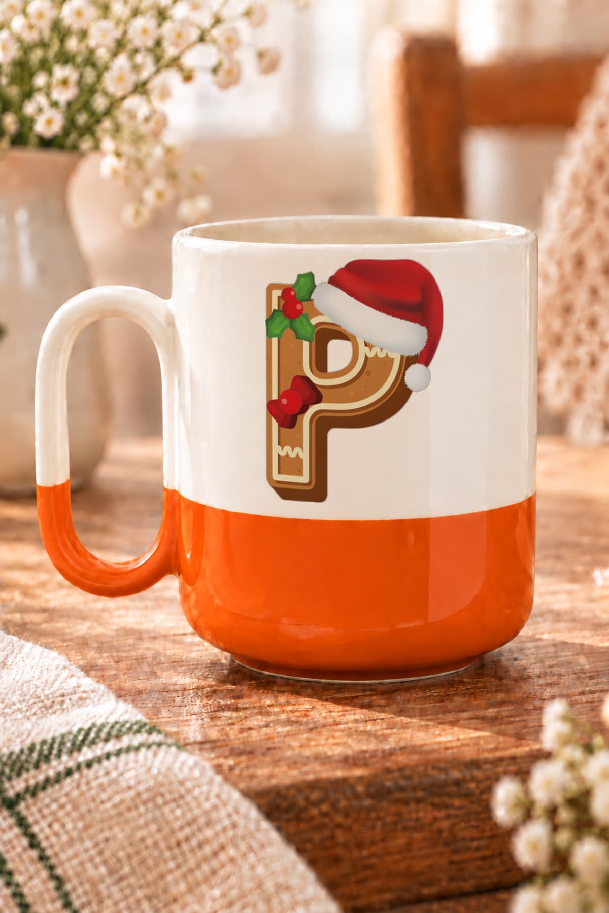 Kurabiye P Harfi Baskılı Alt Yarısı Renkli Arya Kupa Bardak Fincan Mug
