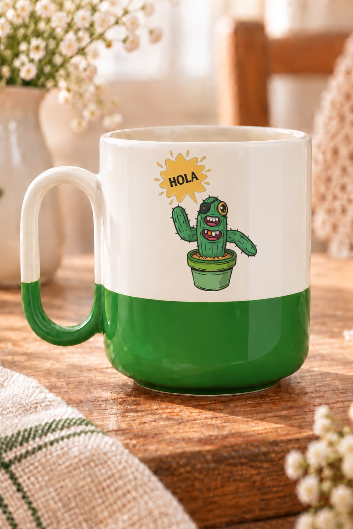 Hola Kaktüs Baskılı Alt Yarısı Renkli Arya Kupa Bardak Fincan Mug